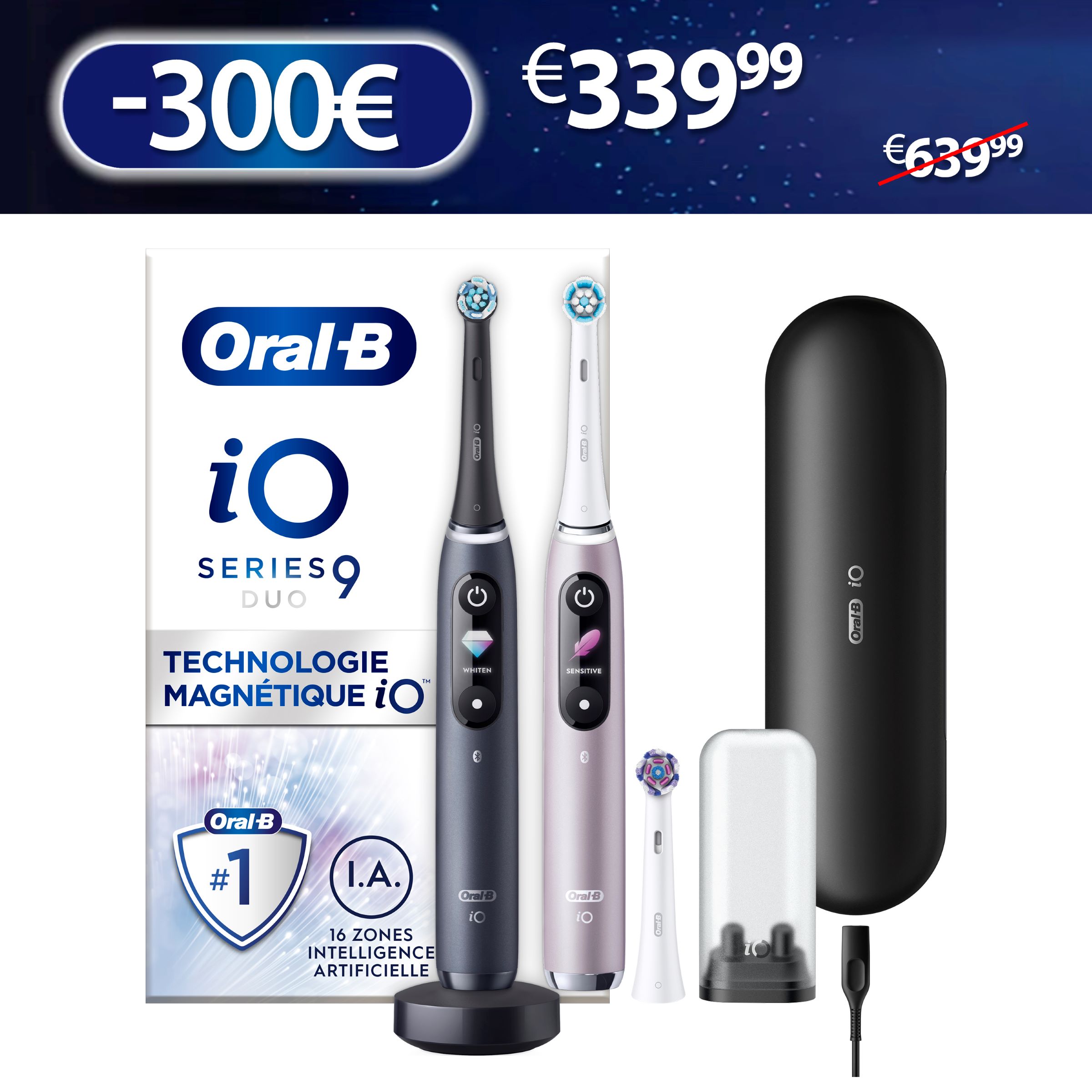 Oral-B iO 9 Pack 2 brosses à dents électriques avec 3 brossettes