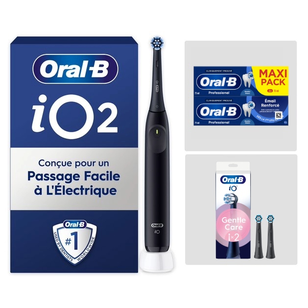 Oral-B iO2 Noire - Pack Nettoyage Douceur avec : 1 brosse à dents électrique + 2 dentifrices + 2 brossettes