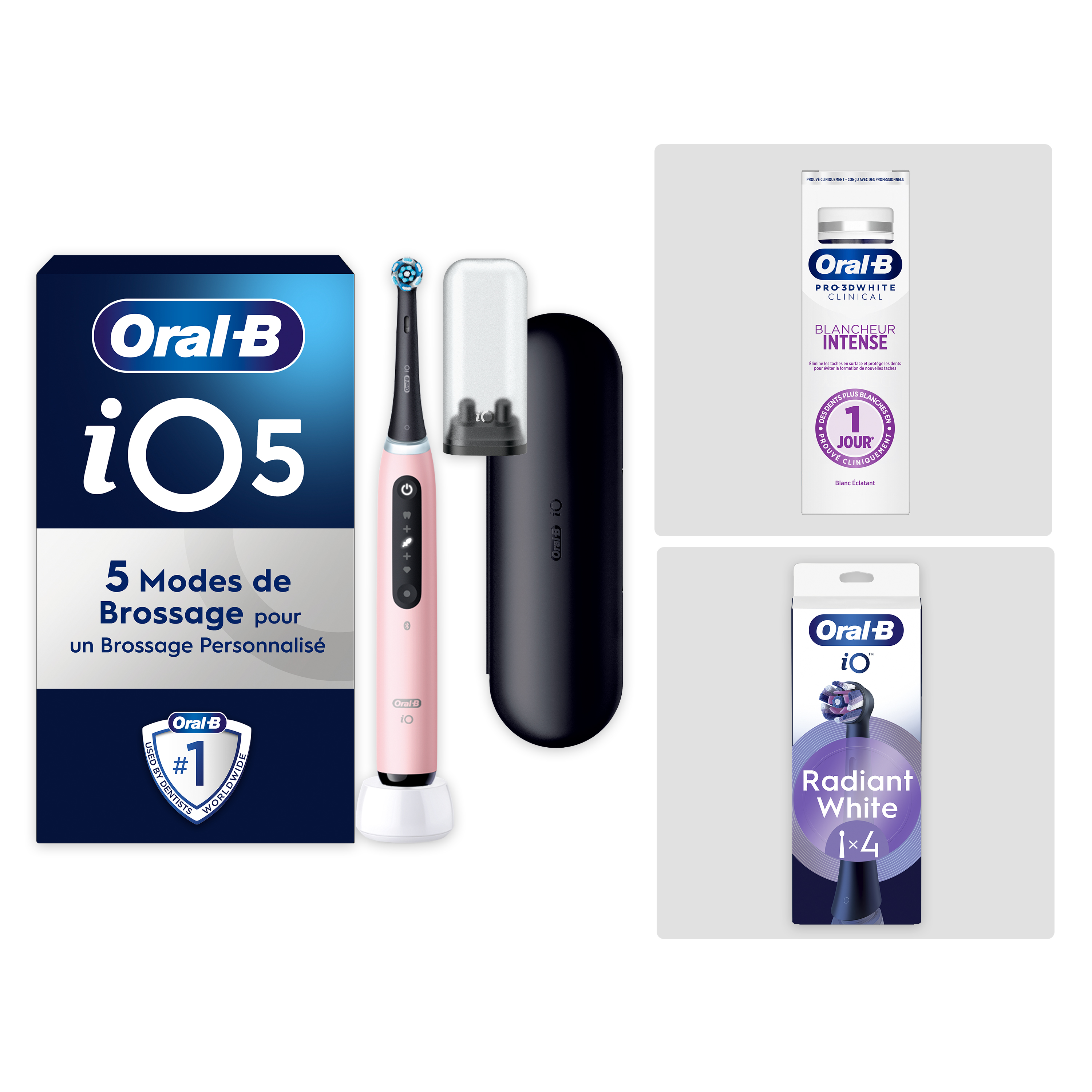 Pack Oral-B iO5 Rose - Blancheur avec : 1 brosse à dents électrique + 1 dentifrice + 4 brossettes + 1 étui de voyage