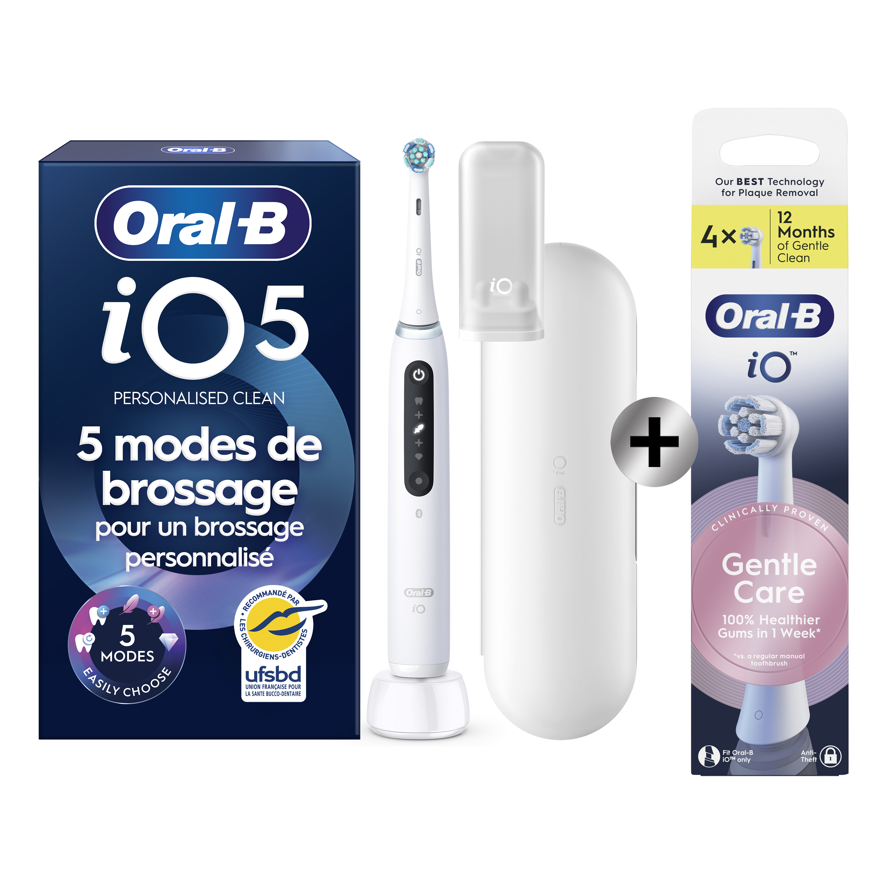 Oral-B iO 5 Blanche Brosse à dents électrique avec brossette + 4 brossettes: retailer-supplied image