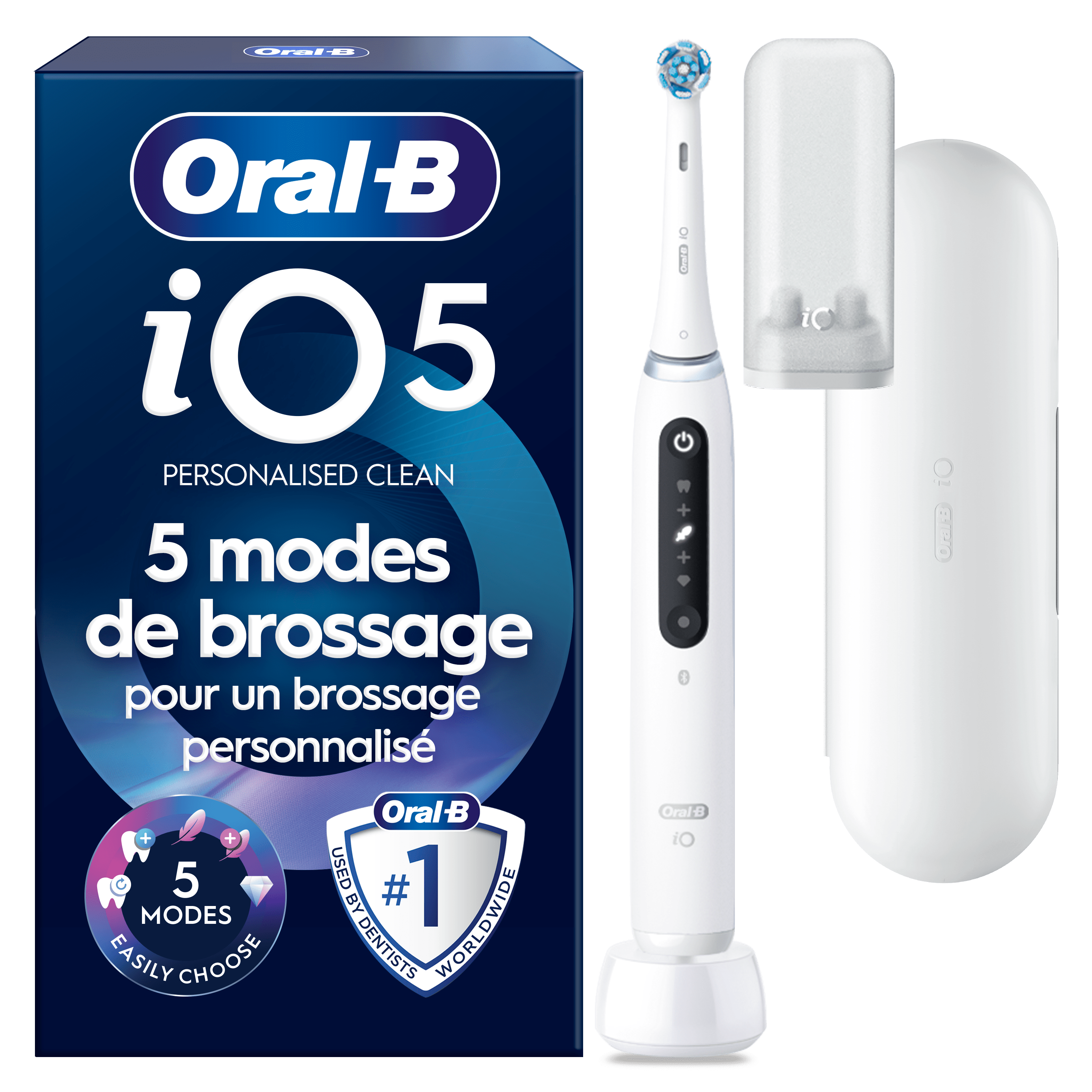 Brosse À Dents Électrique Oral-B iO5 Blanche, 1 brossette, Étui De Voyage Premium,  Porte-brossettes