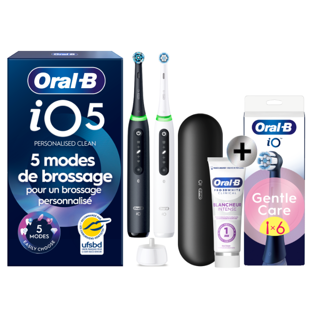 Oral-B iO5 Noire et Blanche Brosses à dents électriques + 2 brossettes + Étui de voyage Premium + Oral-B 3D White…: retailer-supplied image