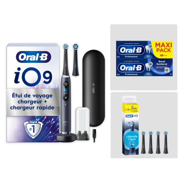 Oral-B iO9 Noire - Pack Nettoyage Intense avec : 1 brosse à dents électrique + 2 dentifrices + 4 brossettes + 1 étui de voyage