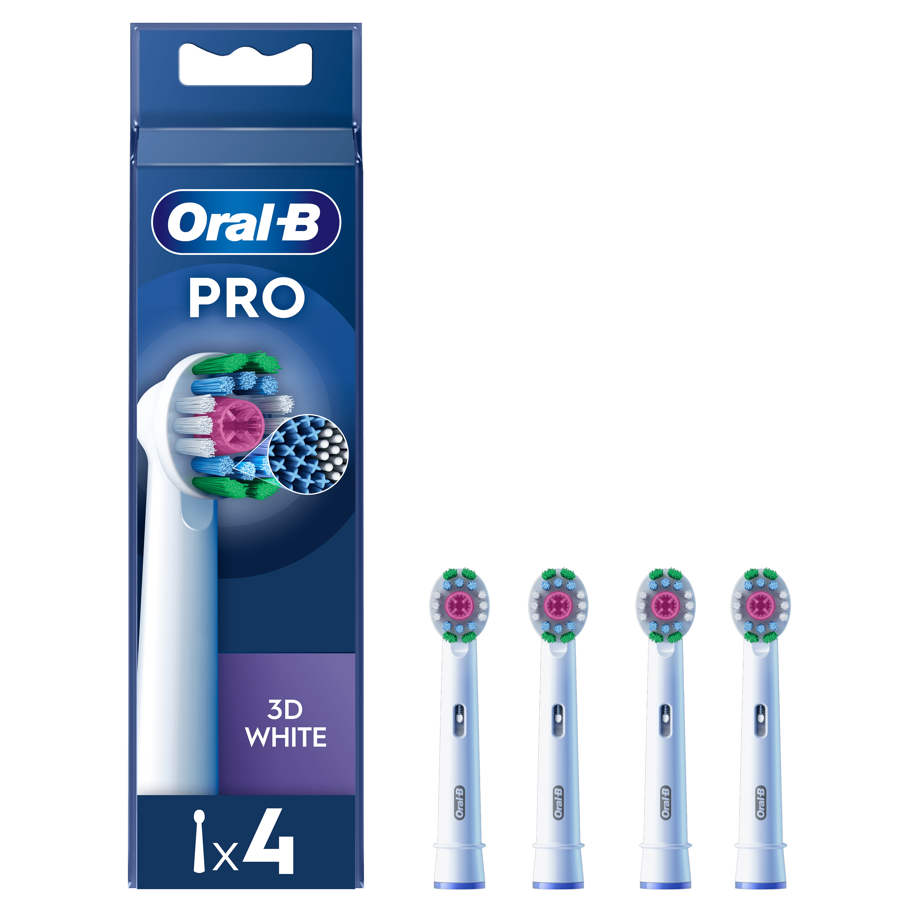 Oral-B PRO, lot de 4 brossettes, avec la mention [P-8482]3D White[P-8482] sur l'emballage.