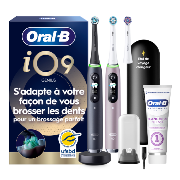Oral-B iO9 Noire et Rose Brosses à dents électriques + 3 brossettes + Étui de voyage + Oral-B 3D White Dentifrice…: retailer-supplied image