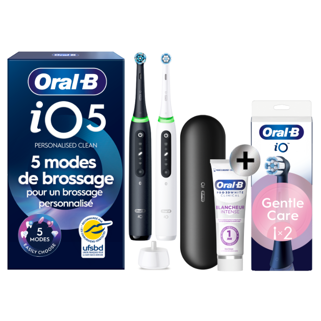 Oral-B iO5 Noire et Blanche Brosses à dents électriques + 2 brossettes + Étui de voyage Premium + Oral-B 3D White…: retailer-supplied image