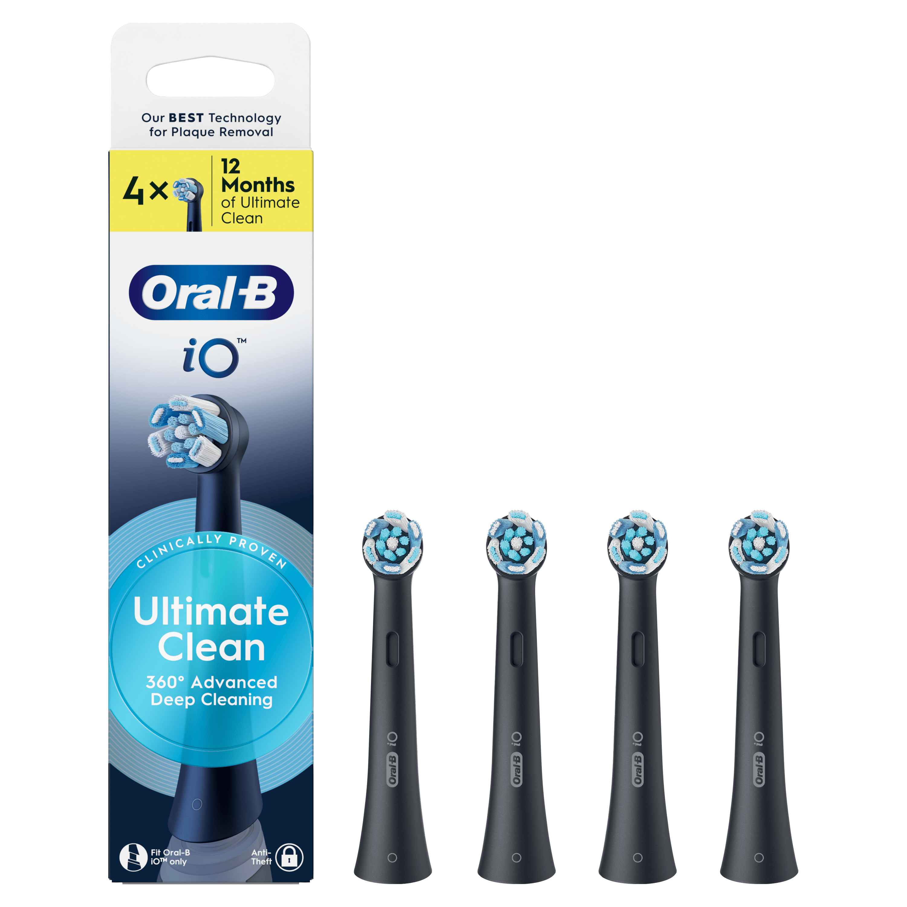 Oral-B iO, pack de 4 brossettes de rechange Ultimate Clean, offrant 12 mois de nettoyage optimal.