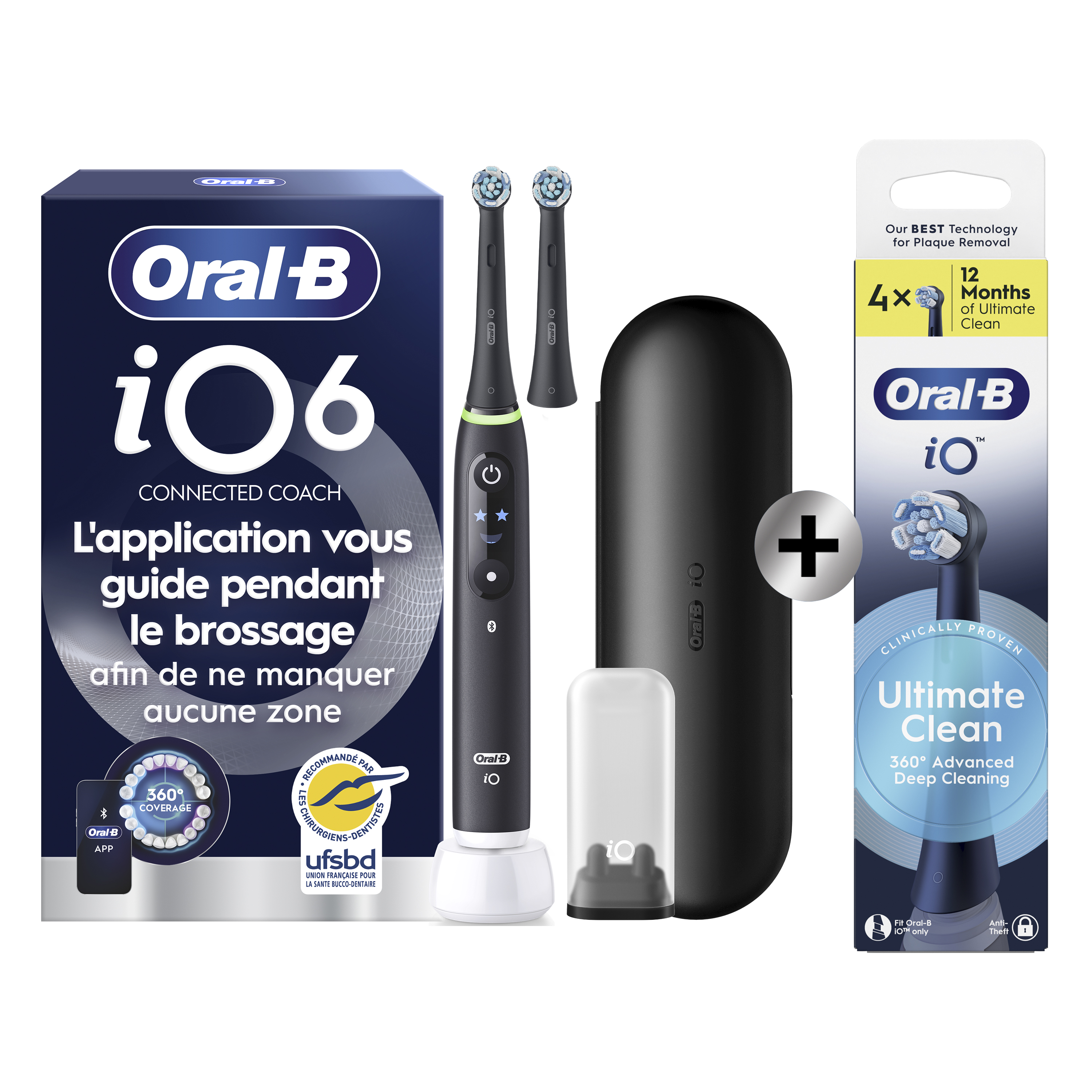 Oral-B iO 6 Noire Brosse à dents électrique avec brossette + 4 brossettes: retailer-supplied image