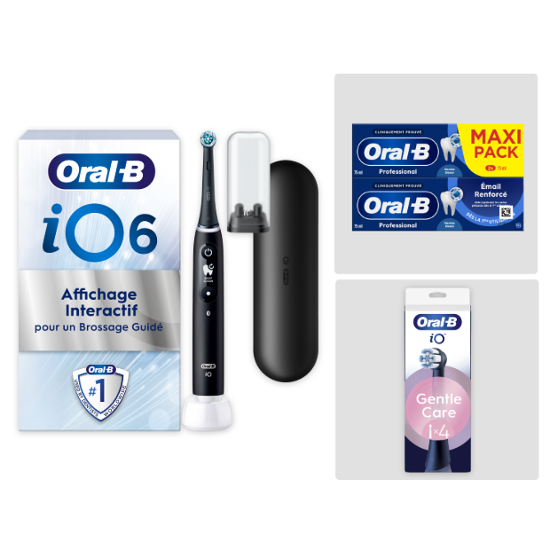 Oral-B iO6 Noire - Pack Nettoyage Classique avec : 1 brosse à dents électrique + 2 dentifrices + 4 brossettes + 1 étui de voyage