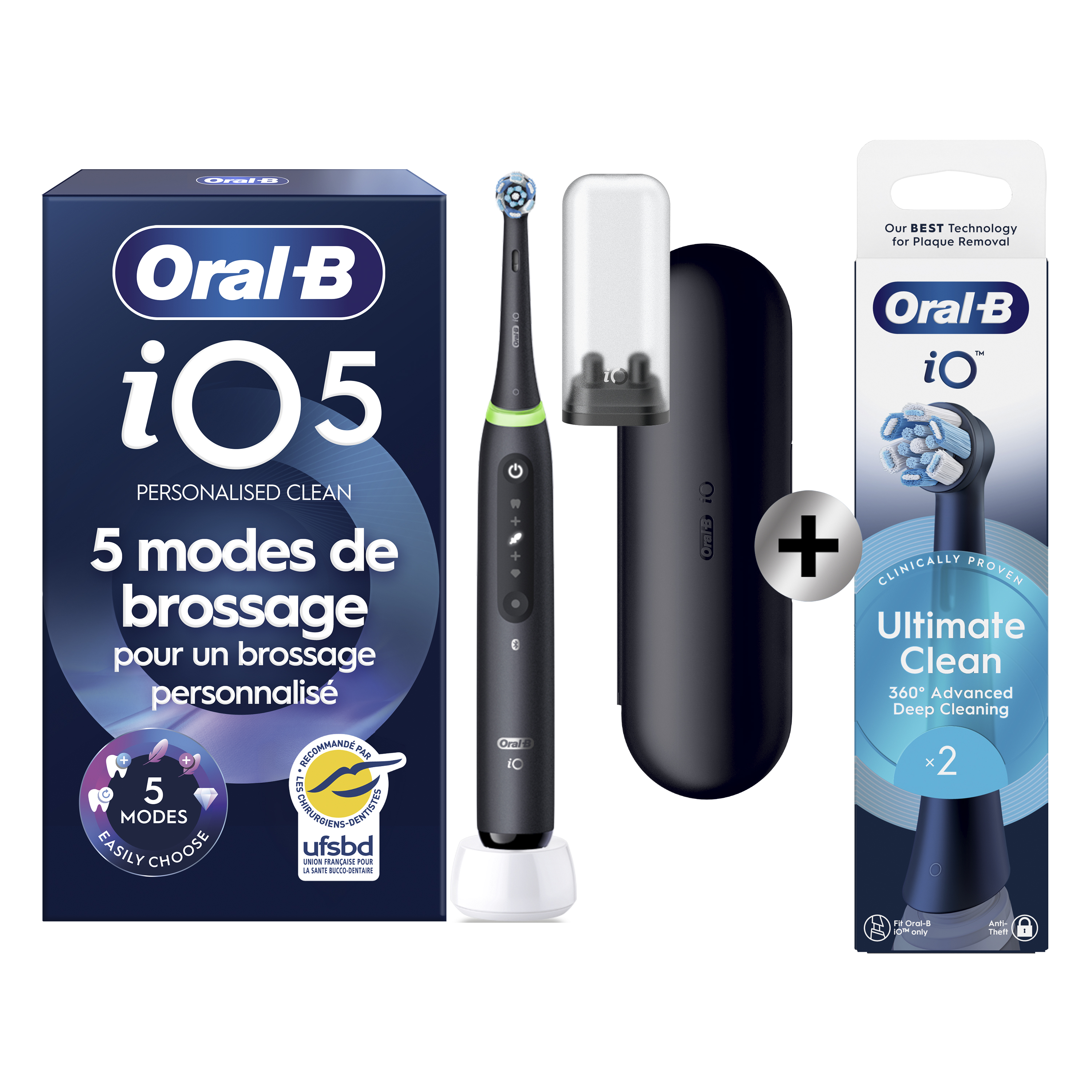Oral-B iO 5 Noire Brosse à dents électrique avec brossette + 2 brossettes