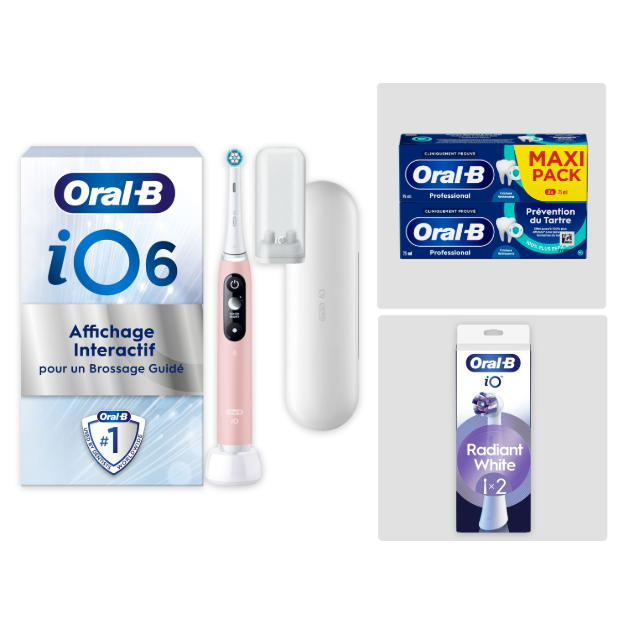 Pack Oral-B iO6 Rose - Sensibilité avec : 1 brosse à dents électrique + 2 dentifrices + 2 brossettes + 1 étui de voyage