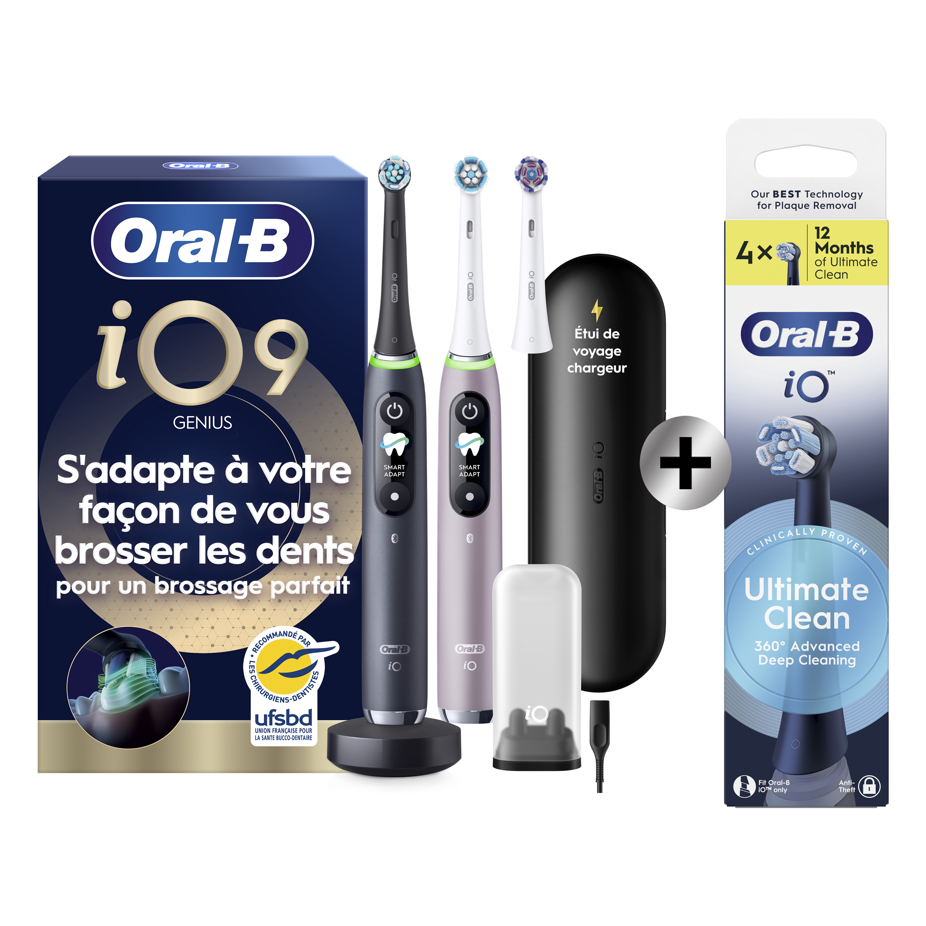 Oral-B Duo Pack iO 9 - Brosses à dents électriques (Noire & Rose) avec étui de voyage et 3 brossettes + pack de 4…: retailer-supplied image