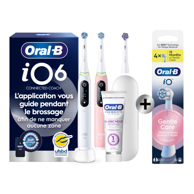 Oral-B iO6 Blanche et Rose Brosses à dents électriques + 3 brossettes + Étui de voyage Premium + Oral-B 3D White…: retailer-supplied image