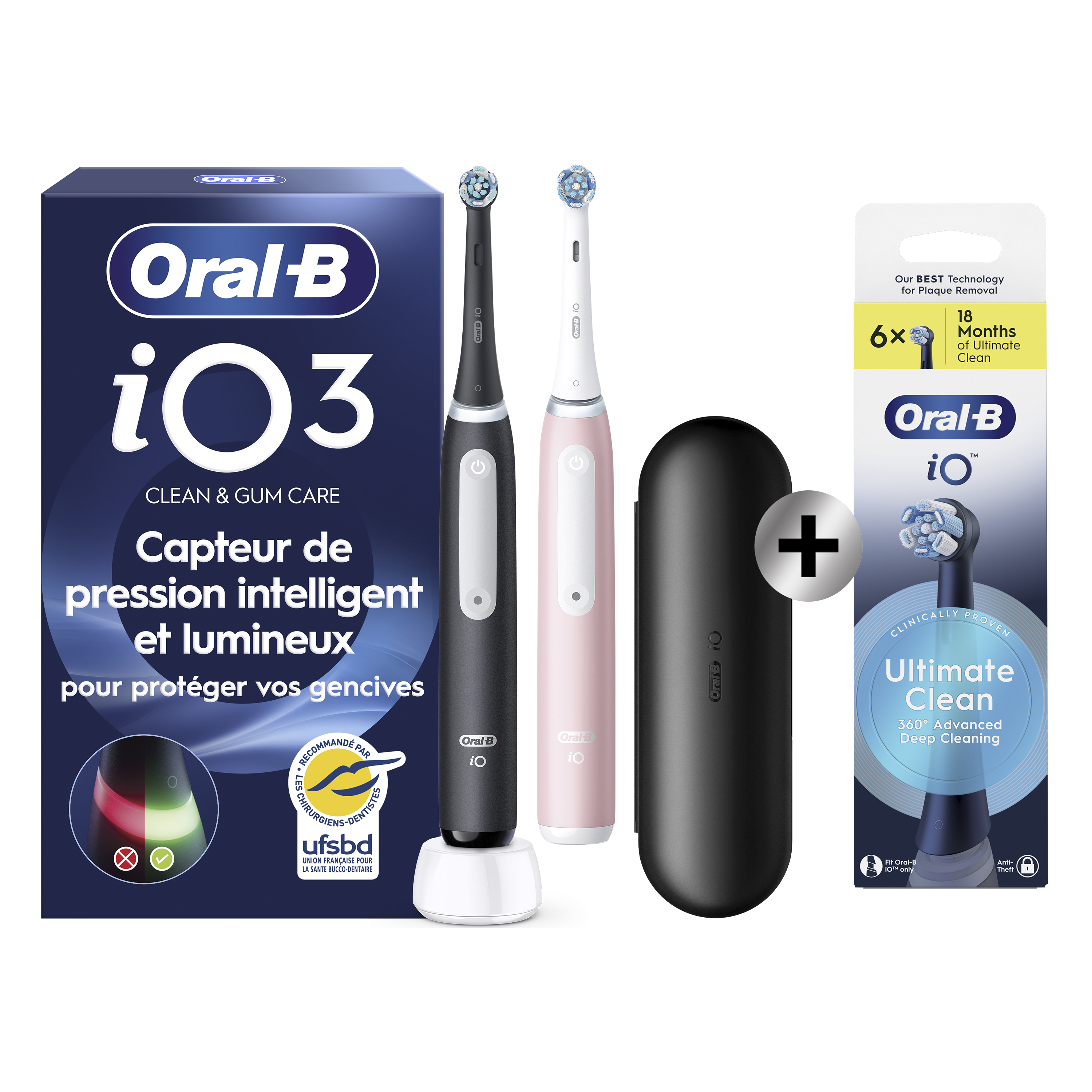 Oral-B Duo Pack iO 3 - Brosses à dents électriques (Noire & Rose) avec 2 brossettes + pack de 6 brossettes: retailer-supplied image