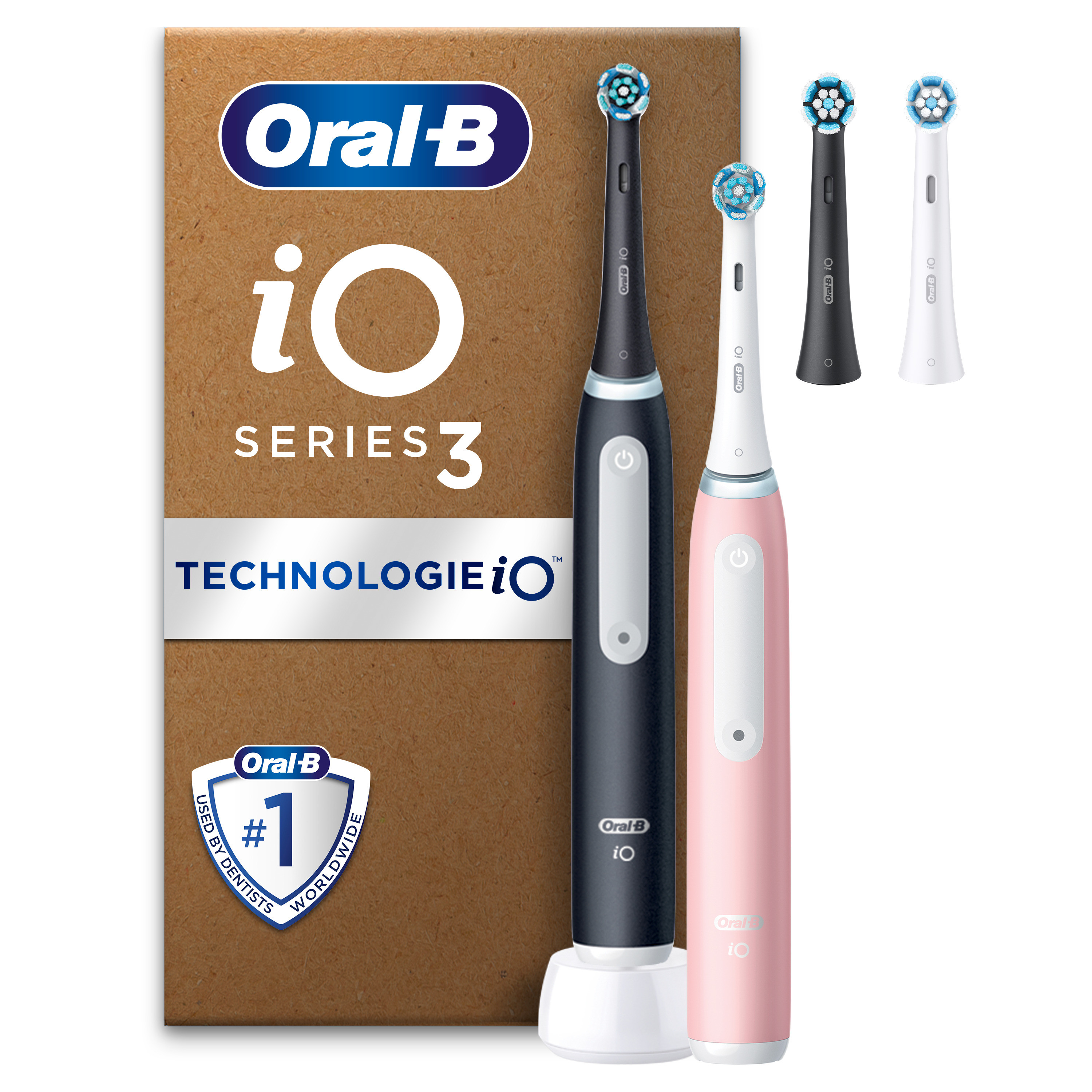 Oral-B iO 3 Duo pack Brosses À Dents Électriques Noire / Rose, 4 Brossettes