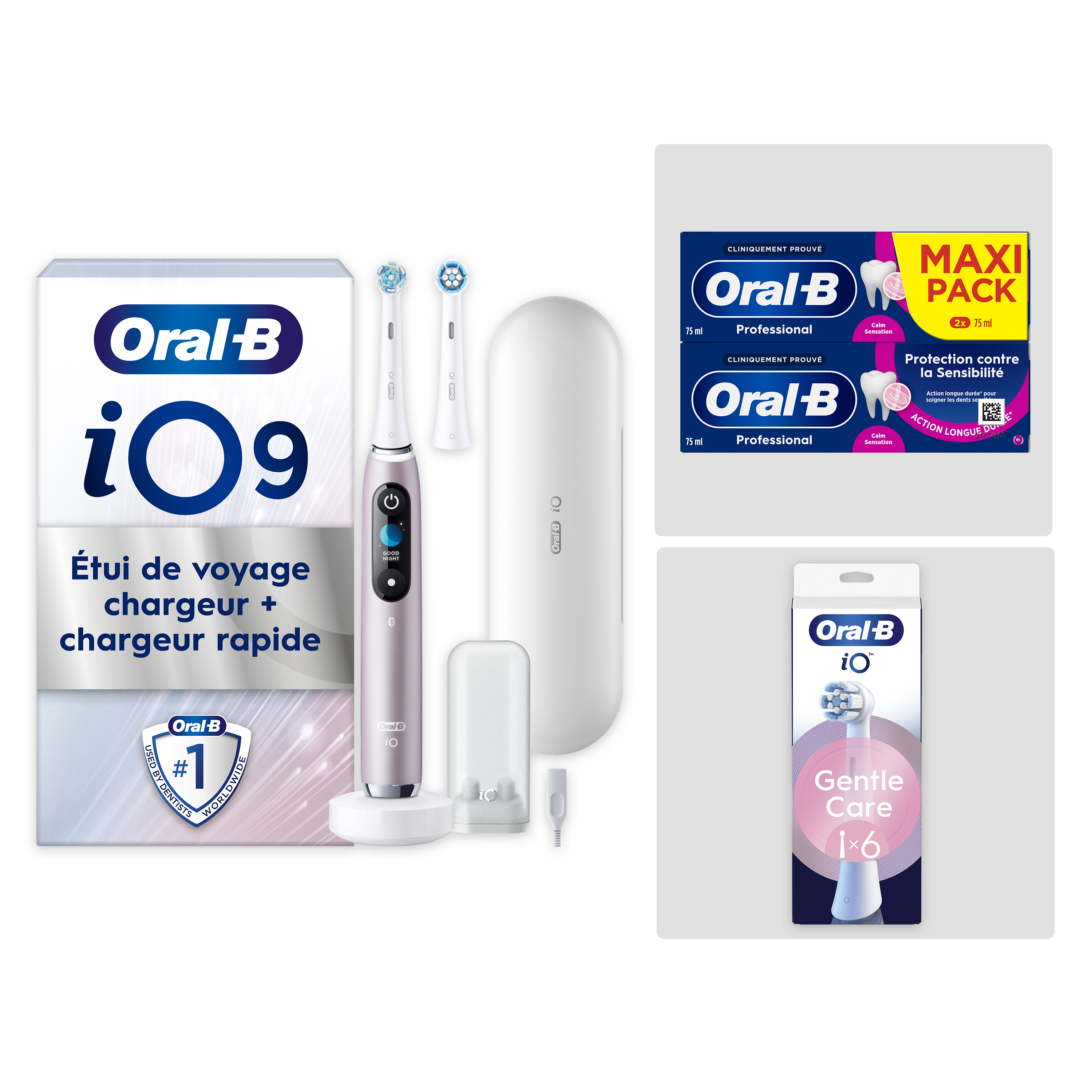 Pack Oral-B iO9 Rose - Sensibilité avec : 1 brosse à dents électrique + 2 dentifrices + 6 brossettes + 1 étui de voyage