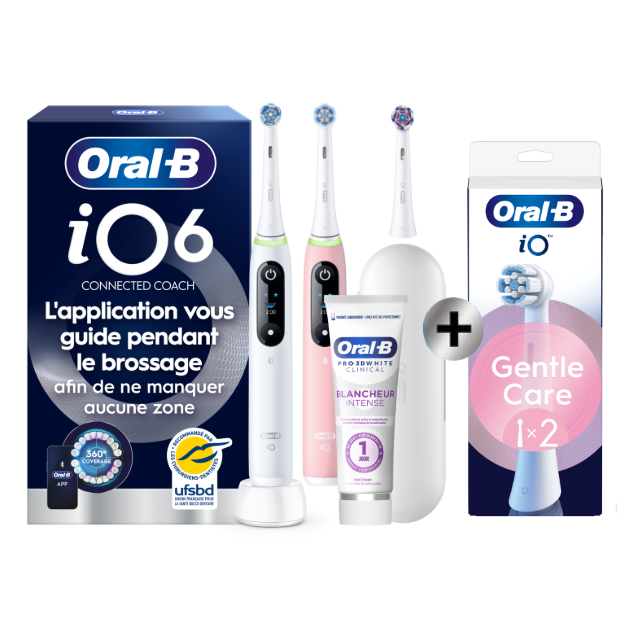 Oral-B iO6 Blanche et Rose Brosses à dents électriques + 3 brossettes + Étui de voyage Premium + Oral-B 3D White…: retailer-supplied image
