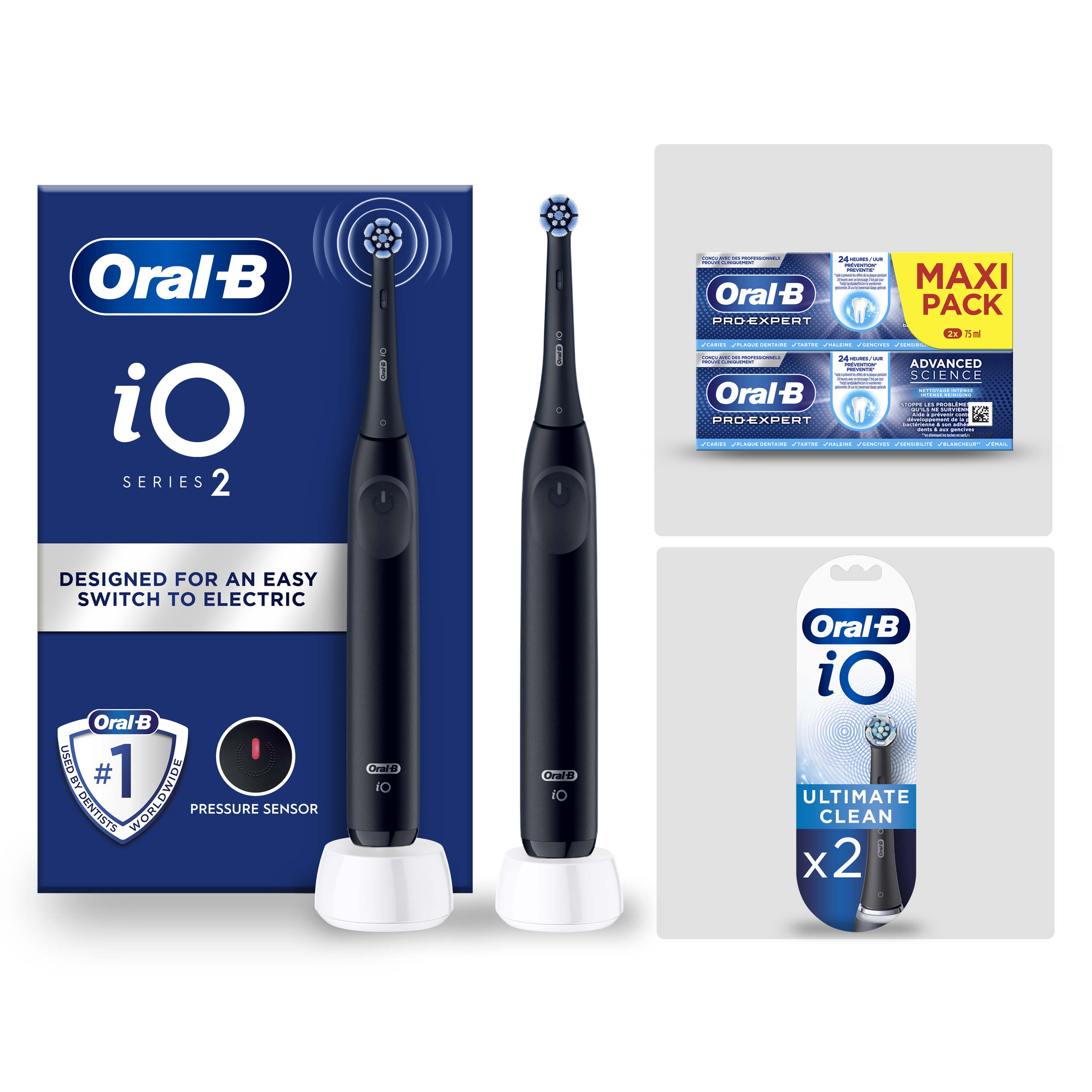 Oral-B iO2 Noire Pack Nettoyage Intense 1 Brosse à dents électrique iO2 Noire, 1 Dentifrice Pro-Expert, 2 Brossettes iO Ultimate Clean