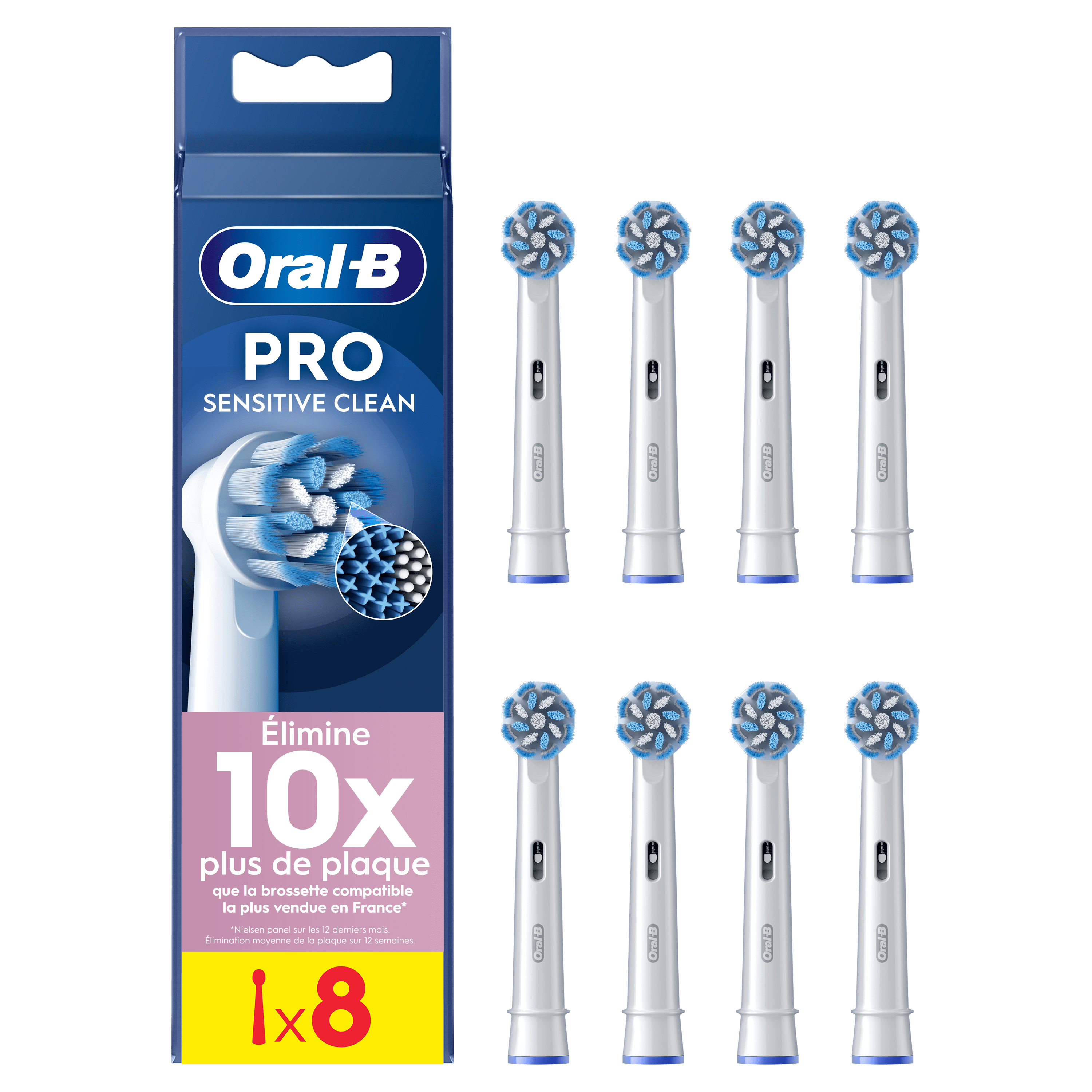 Oral-B Pro Sensitive Clean, pack de 8 brossettes, élimine 10x plus de plaque que la brossette compatible la plus vendue en France.