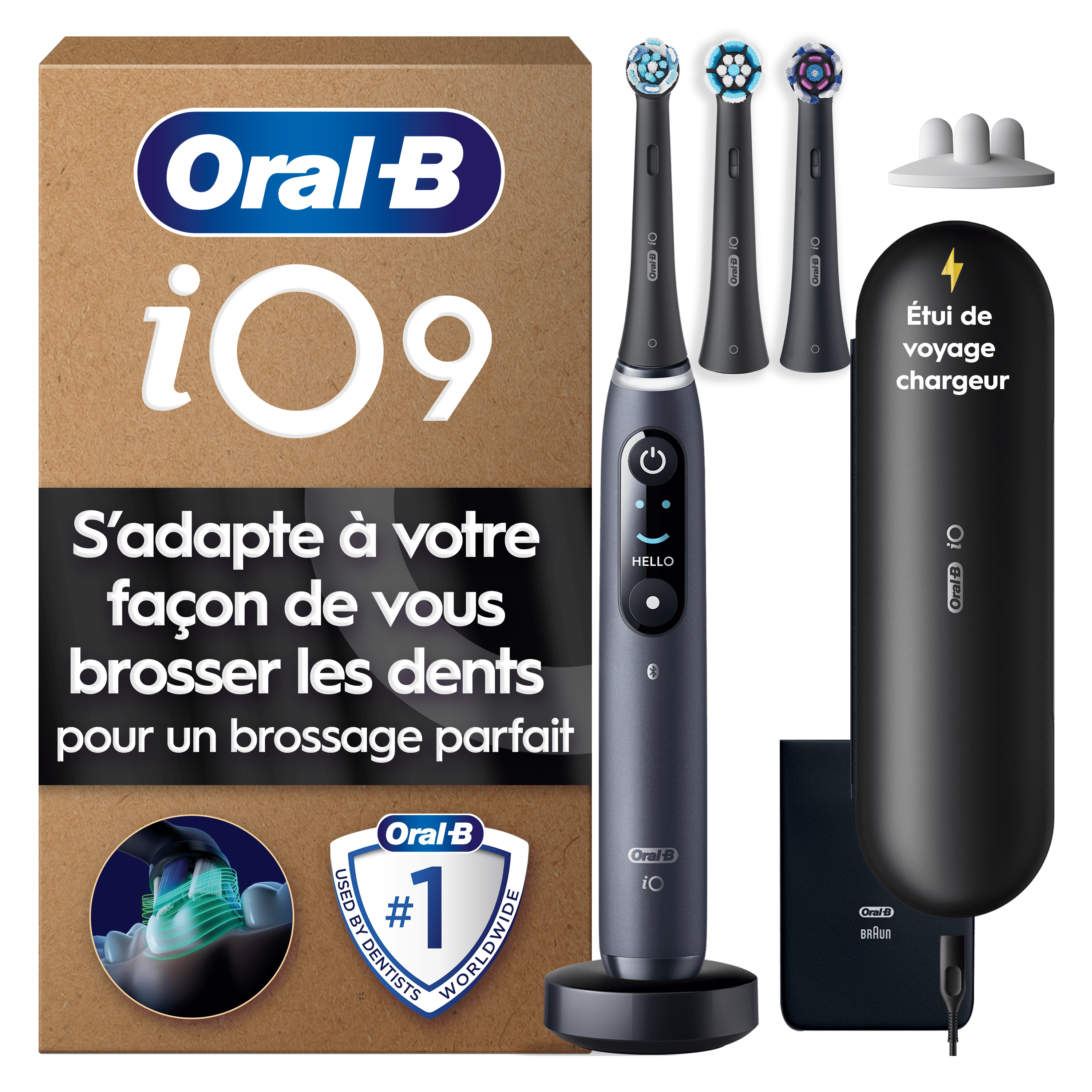 Brosse à dents électrique Oral-B iO 9 Noire, 3 brossettes, Étui de voyage chargeur