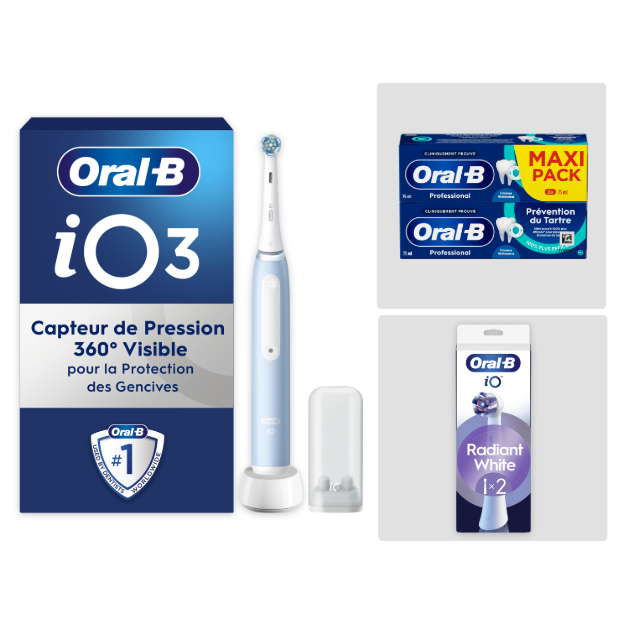 Pack Oral-B iO3 Bleue - Sensibilité avec : 1 brosse à dents électrique + 2 dentifrices + 2 brossettes