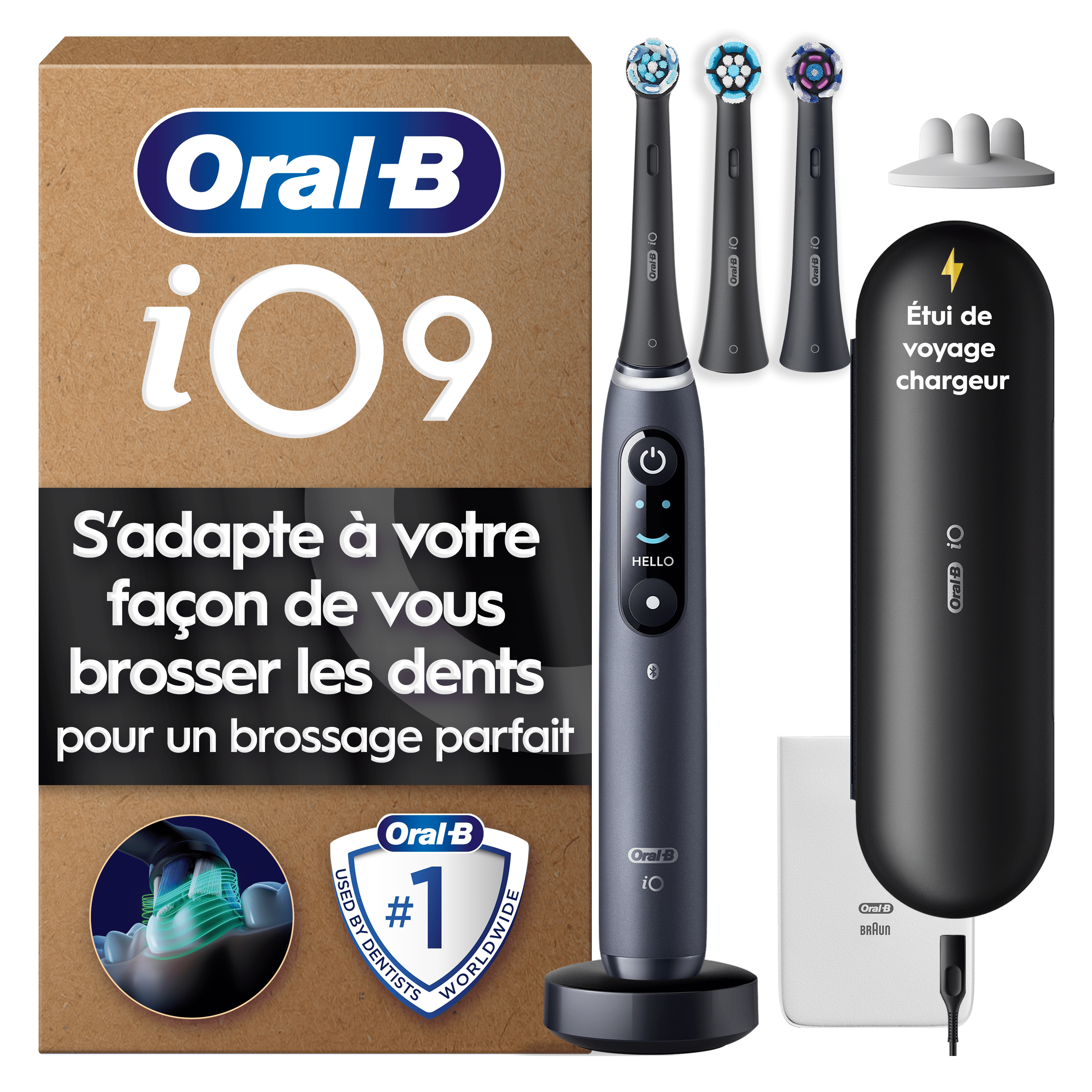 Brosse à dents électrique Oral-B iO9 | Black Onyx | 3 brossettes | Chargeur magnétique rapide | Étui de voyage avec chargeur | Pochette pour chargeur | Porte-brossettes