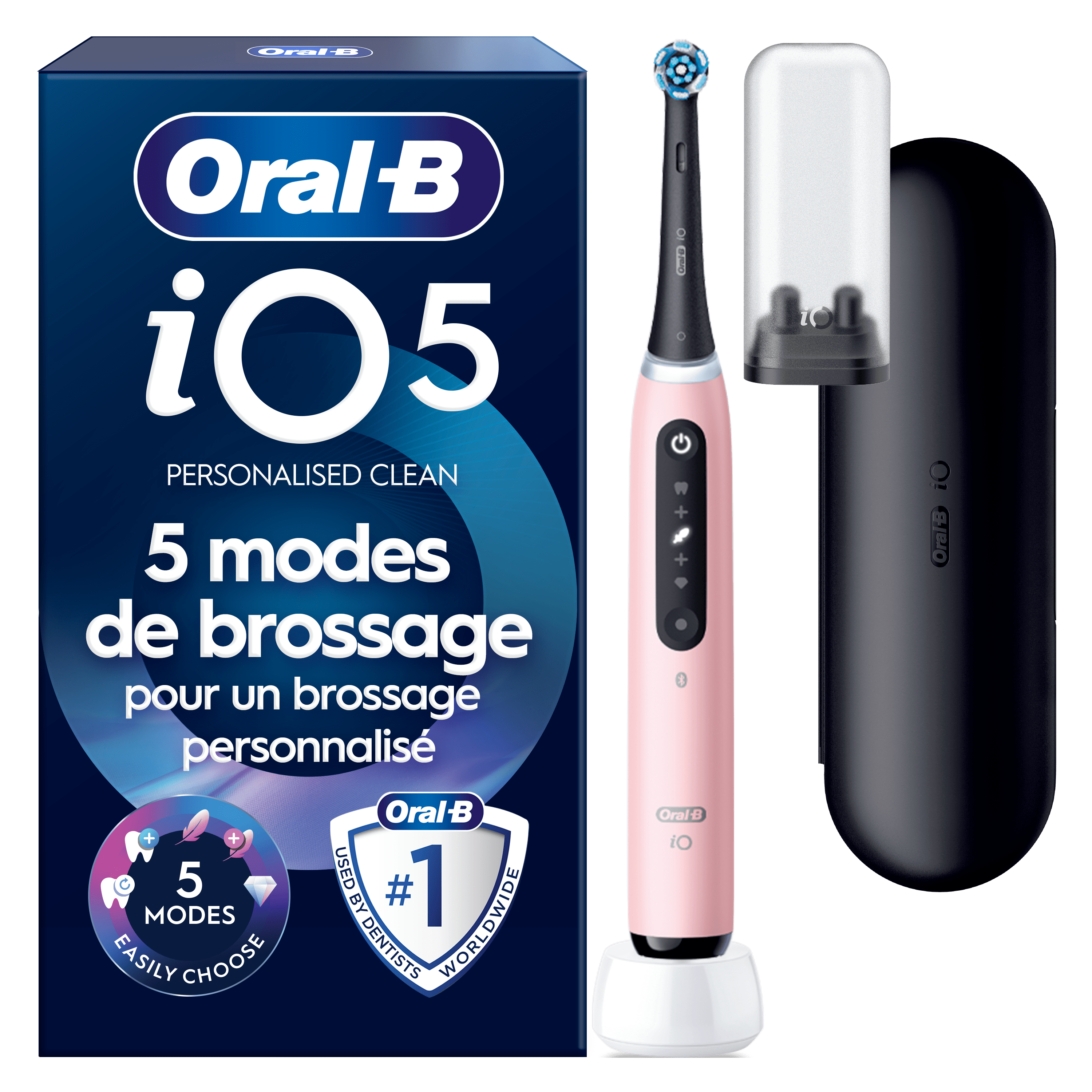 Brosse À Dents Électrique Oral-B iO5 Rose, 1 brossette, Étui De Voyage Premium, Porte-brossettes