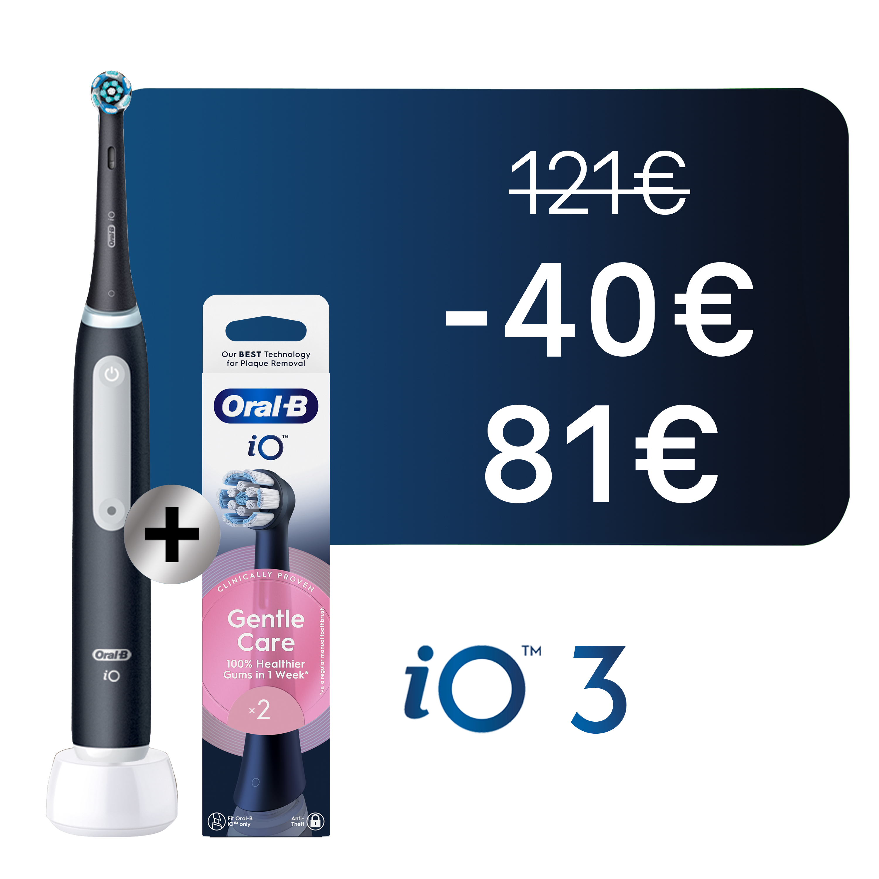 Oral-B iO3 Noire - Brosse à Dents Électrique avec 3 brossettes + pack de 2 brossettes