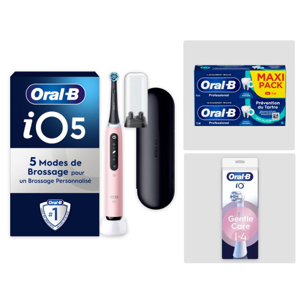 Pack Oral-B iO5 Rose - Sensibilité avec : 1 brosse à dents électrique + 2 dentifrices + 4 brossettes + 1 étui de voyage