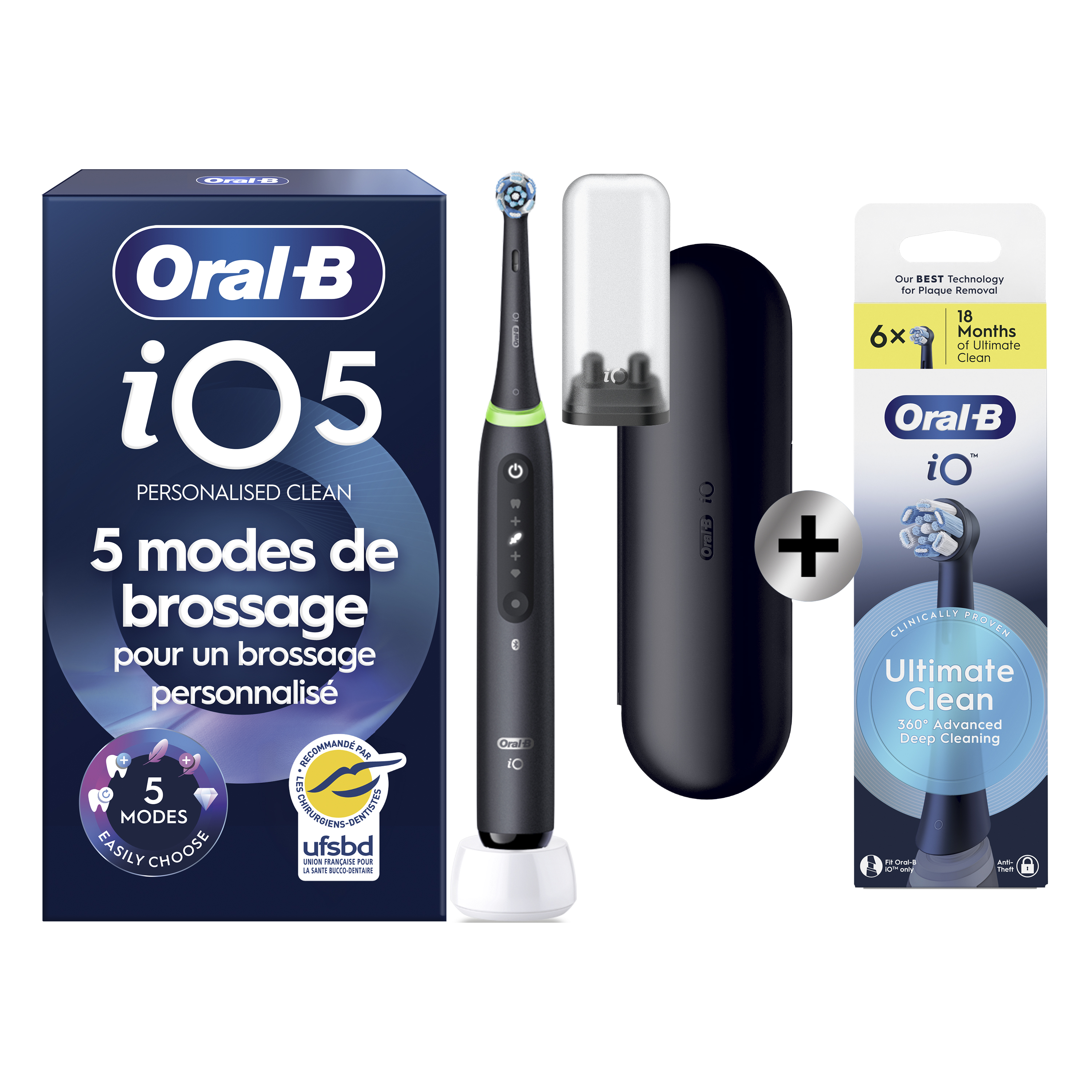 Oral-B iO 5 Noire Brosse à dents électrique avec brossette + 6 brossettes: retailer-supplied image