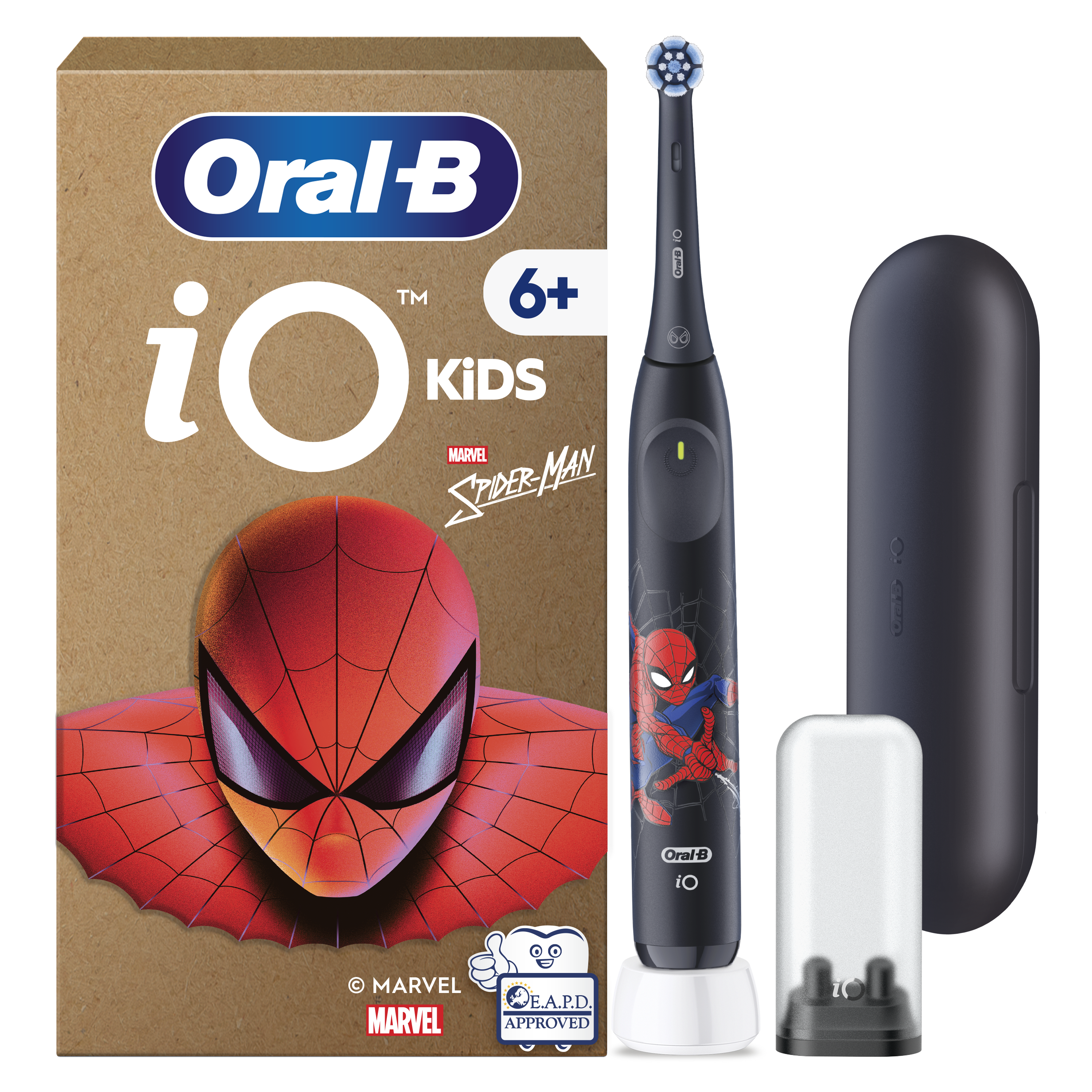 Oral-B iO Kids Marvel Spiderman Brosse À Dents Électrique, 1 Brossette, 3 Modes Avec Mode Douceur Pour Enfants (pack carton marron)