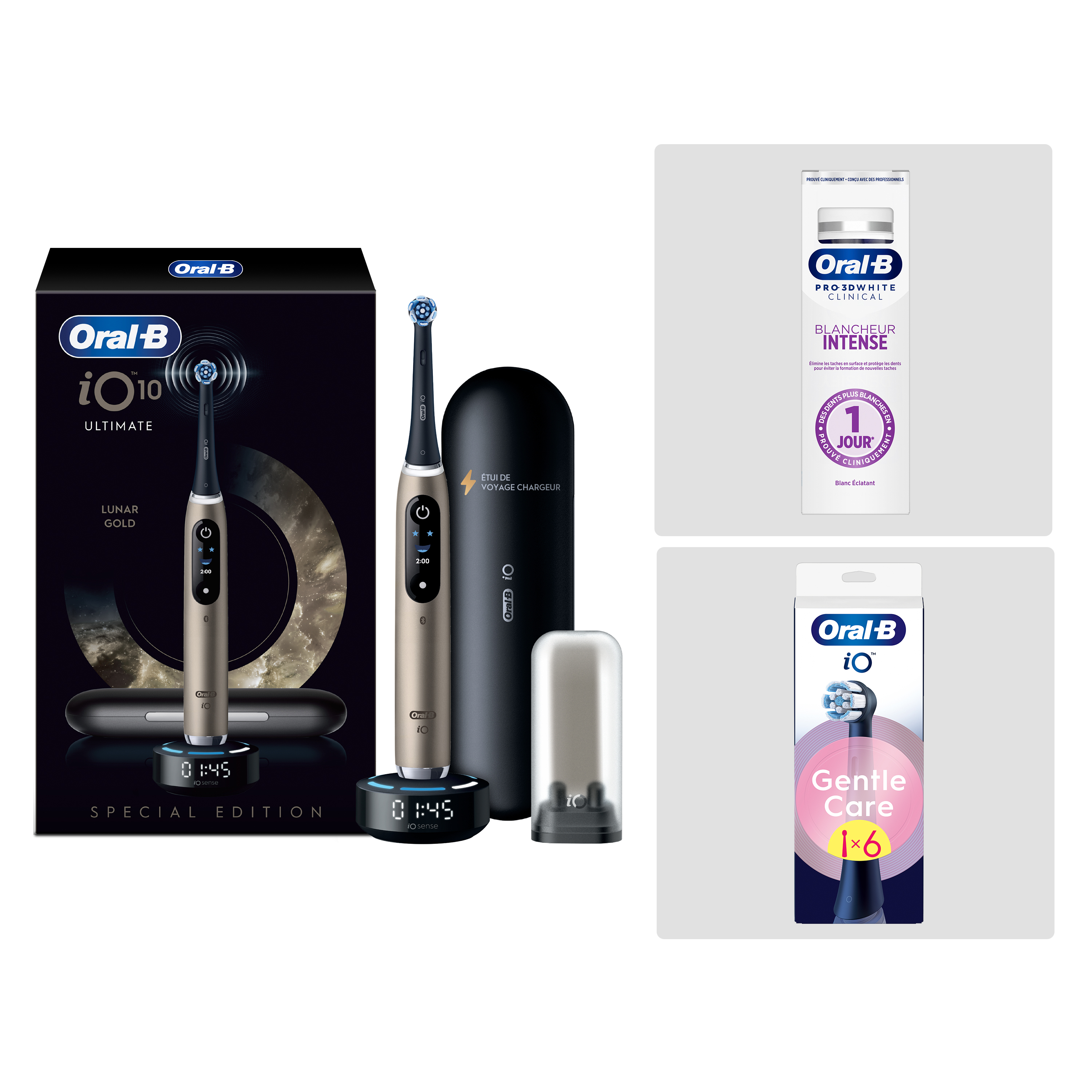 Pack Oral-B iO10 Gold - Blancheur avec : 1 brosse à dents électrique + 1 dentifrice + 6 brossettes + 1 étui de voyage