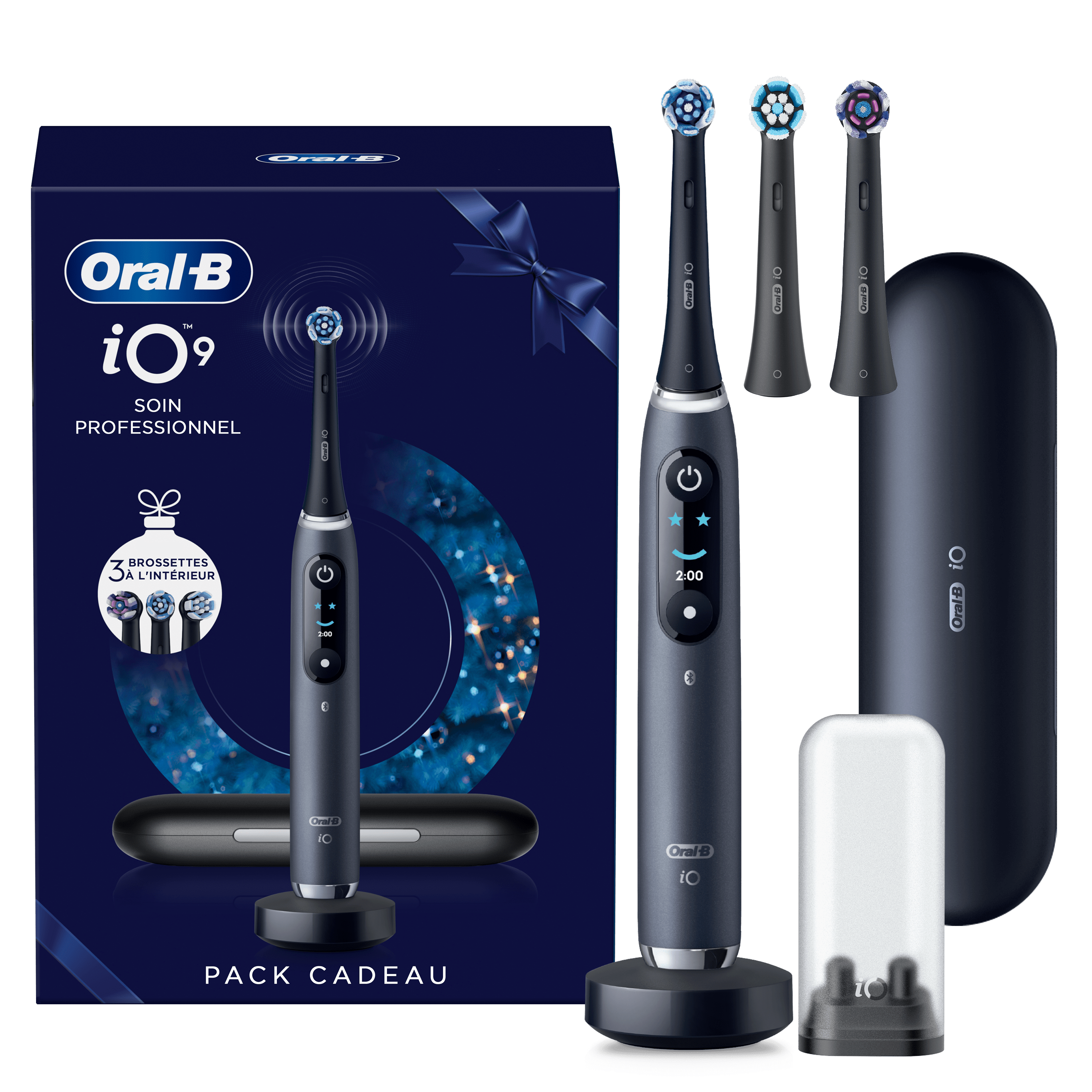 Oral-B iO 9 coffret cadeau avec 3 têtes de brosse, étui de voyage et chargeur.