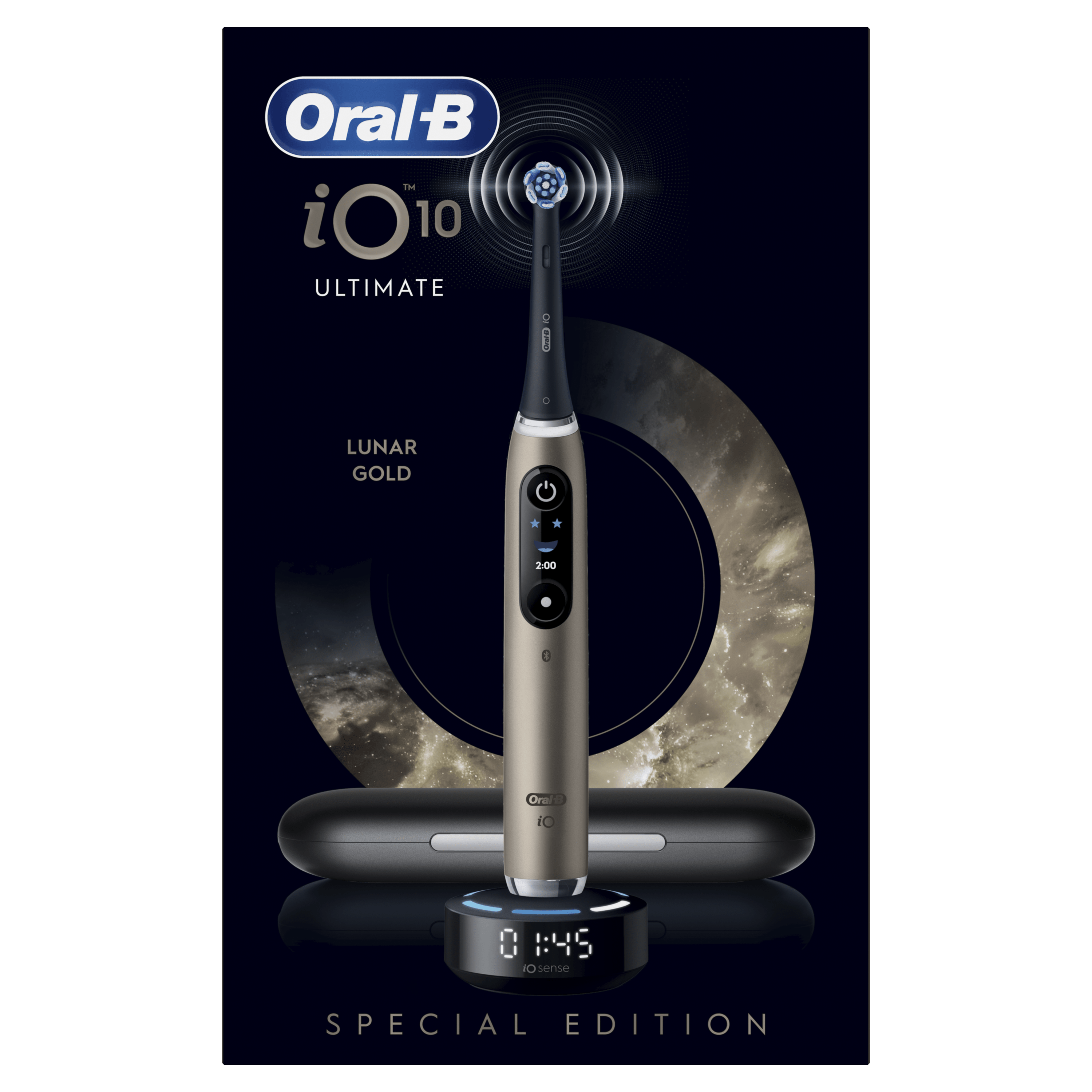 Oral-B iO 10 Brosse À Dents Électrique Lunar Gold, 1 Brossette Ultimate Clean, 1 Chargeur Magnétique Rapide avec Coach de Brossage iO Sense, 1 Étui de Voyage Chargeur, 1 porte-brossettes hygiénique