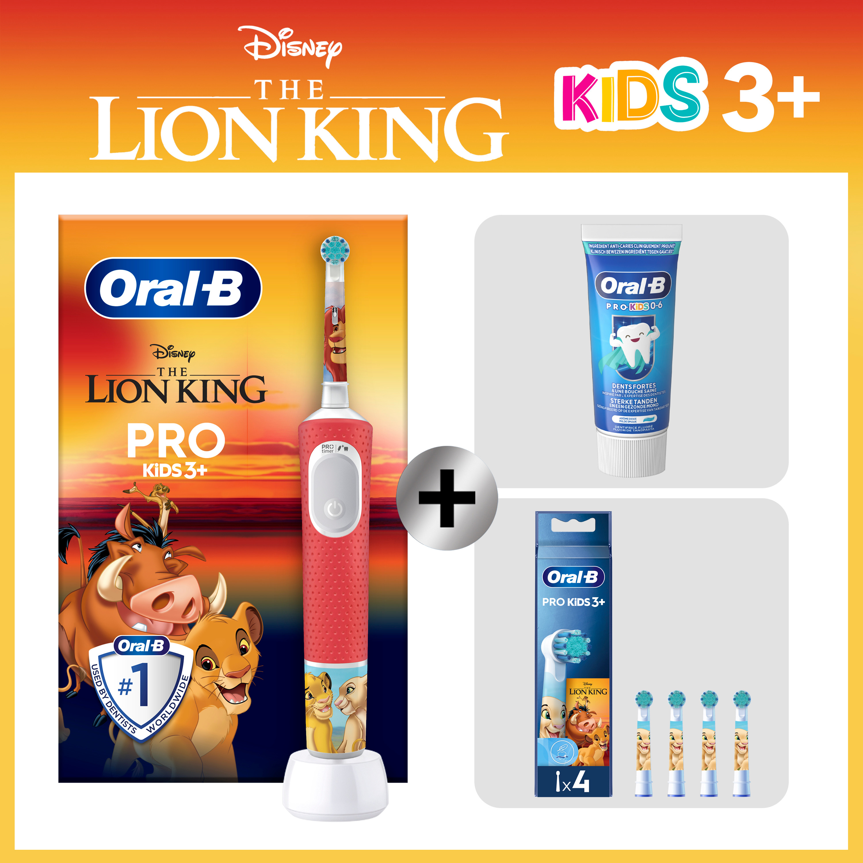 Oral-B Kit de soins dentaires pour enfants Roi Lion (avec brosse à dents, dentifrice et brossettes de rechange) – 3 ans et + 