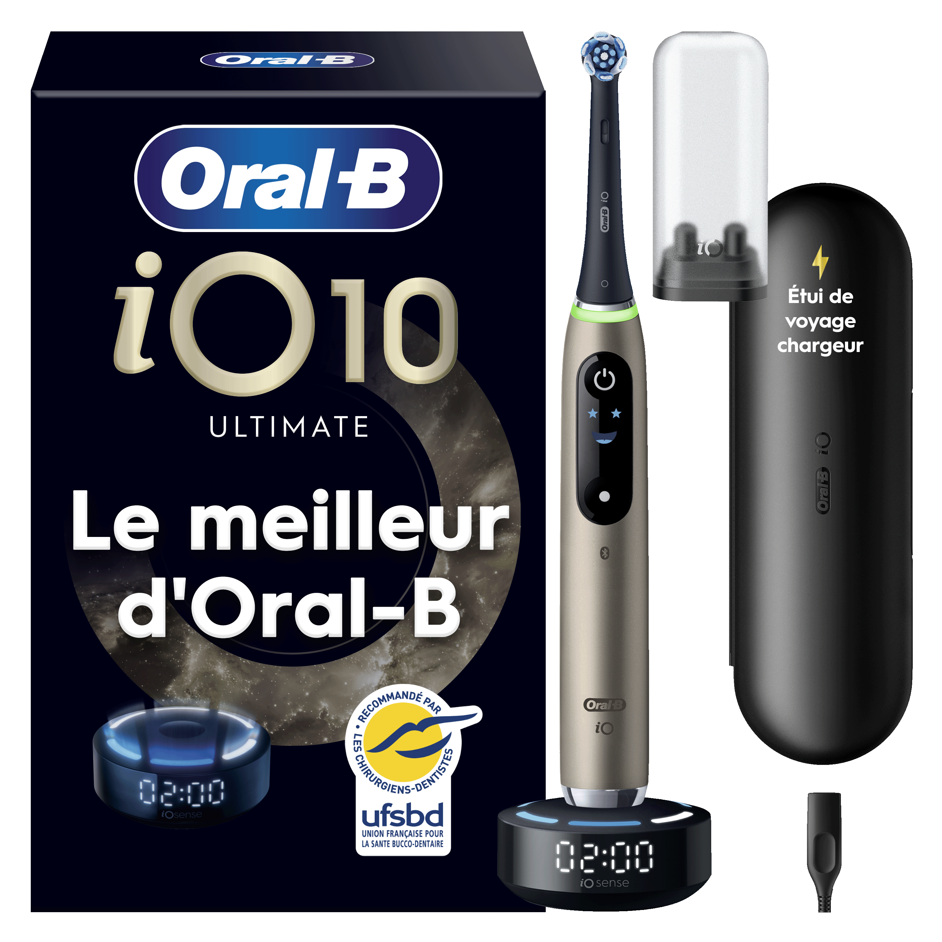 Oral-B iO 10 Brosse À Dents Électrique Lunar Gold, 1 Brossette Ultimate Clean, 1 Chargeur Magnétique Rapide avec Coach de Brossage iO Sense, 1 Étui de Voyage Chargeur, 1 porte-brossettes hygiénique