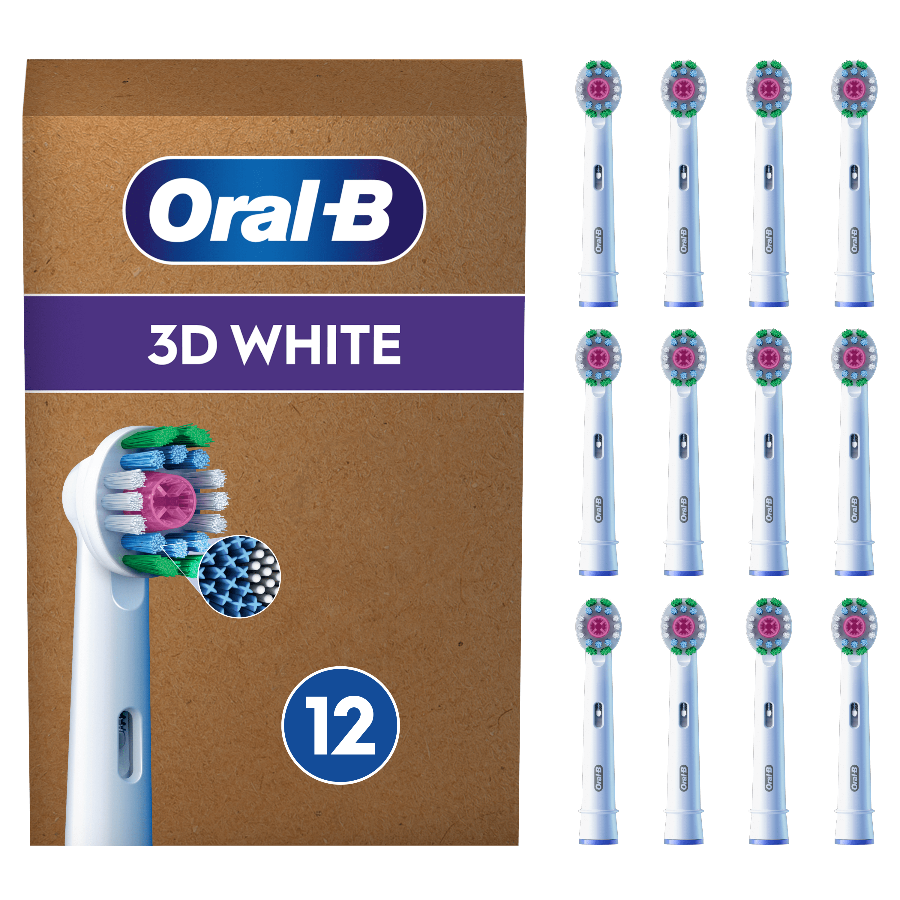 Oral-B 3D White, pack de 12 brossettes de rechange pour brosse à dents électrique, conçues pour un nettoyage en profondeur.