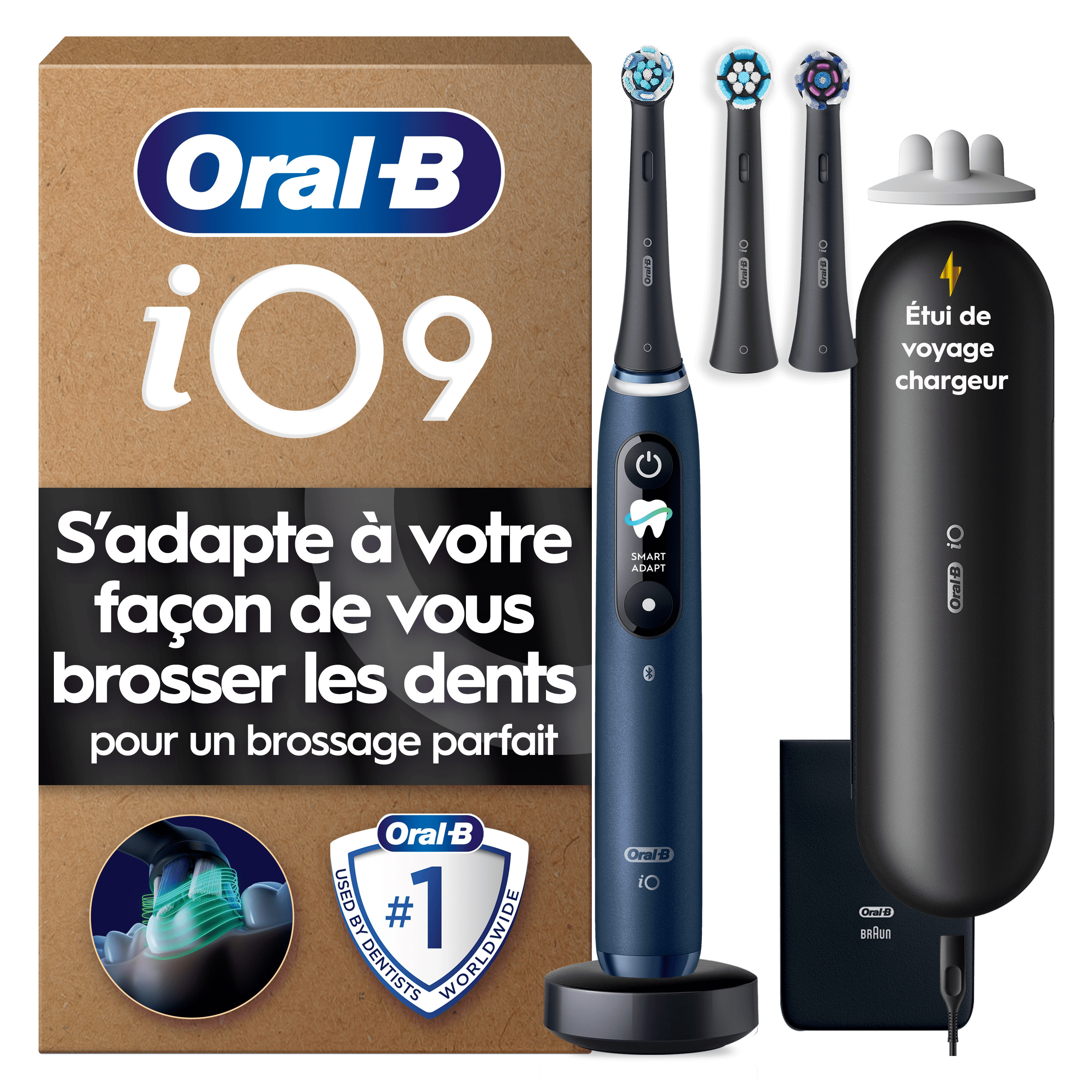 Brosse à dents électrique Oral-B iO9 | Bleu Saphir | 3 brossettes | Chargeur Magnétique Rapide | Étui de Voyage de Charge | Pochette de Chargeur | Porte-brossettes