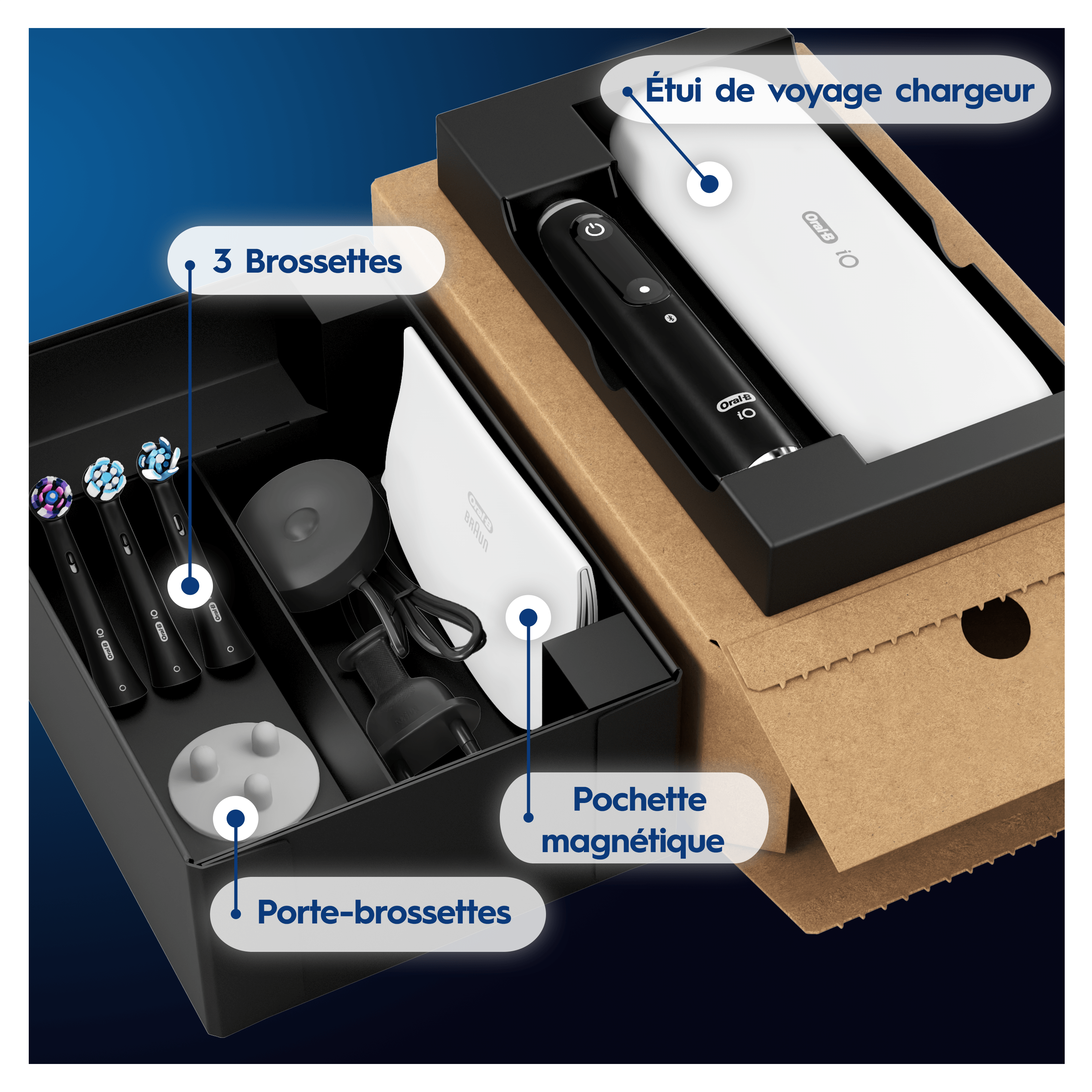 Oral-B iO 9 Brosse à Dents Électrique Noire, 3 Brossettes, 1 Étui de Voyage Chargeur, 1 Pochette, 1 Porte-Brossettes