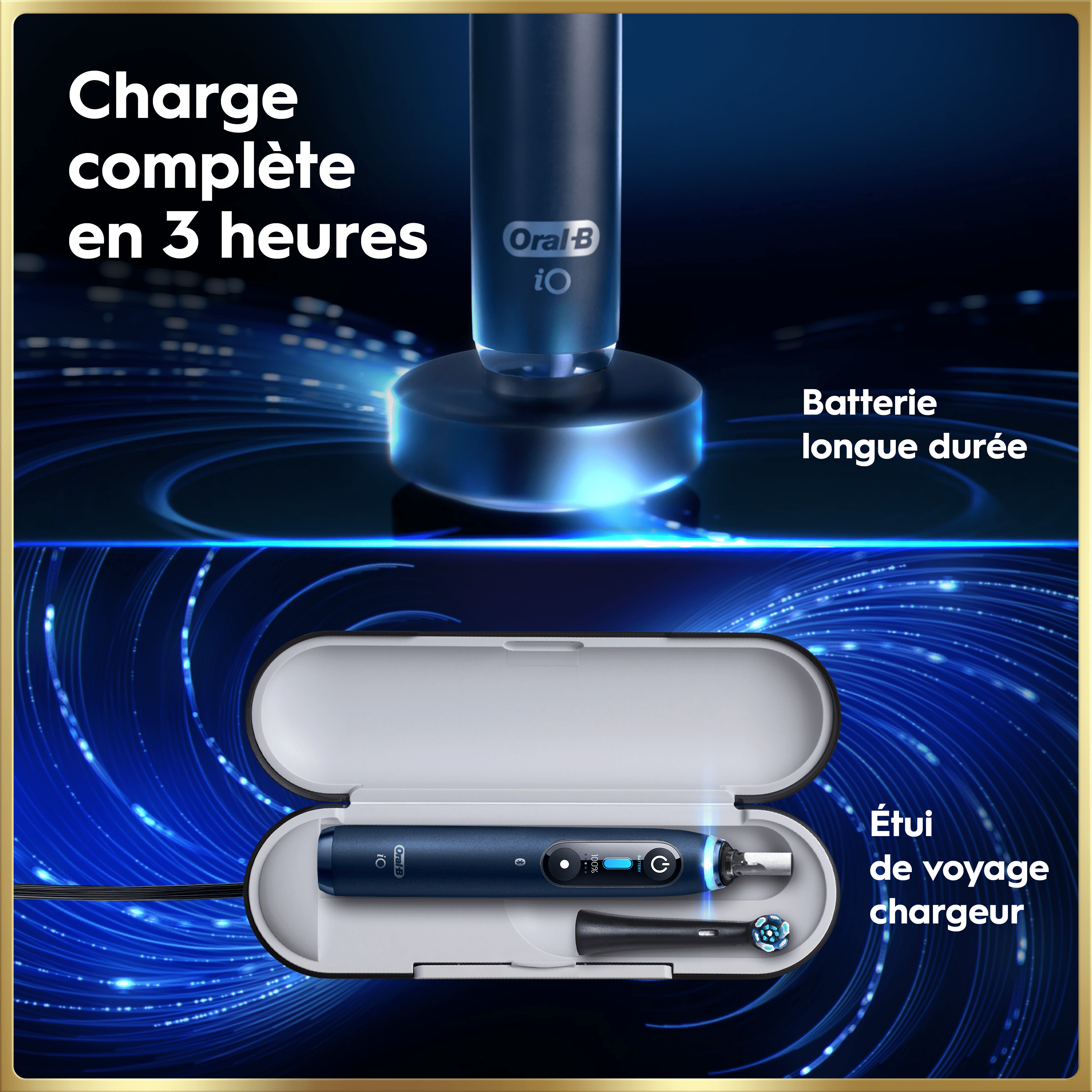 Brosse à dents électrique Oral-B iO9 | Bleu Saphir | 2 brossettes | Chargeur Magnétique Rapide | Batterie Longue Durée | Étui de Voyage de Charge | Porte-brossettes