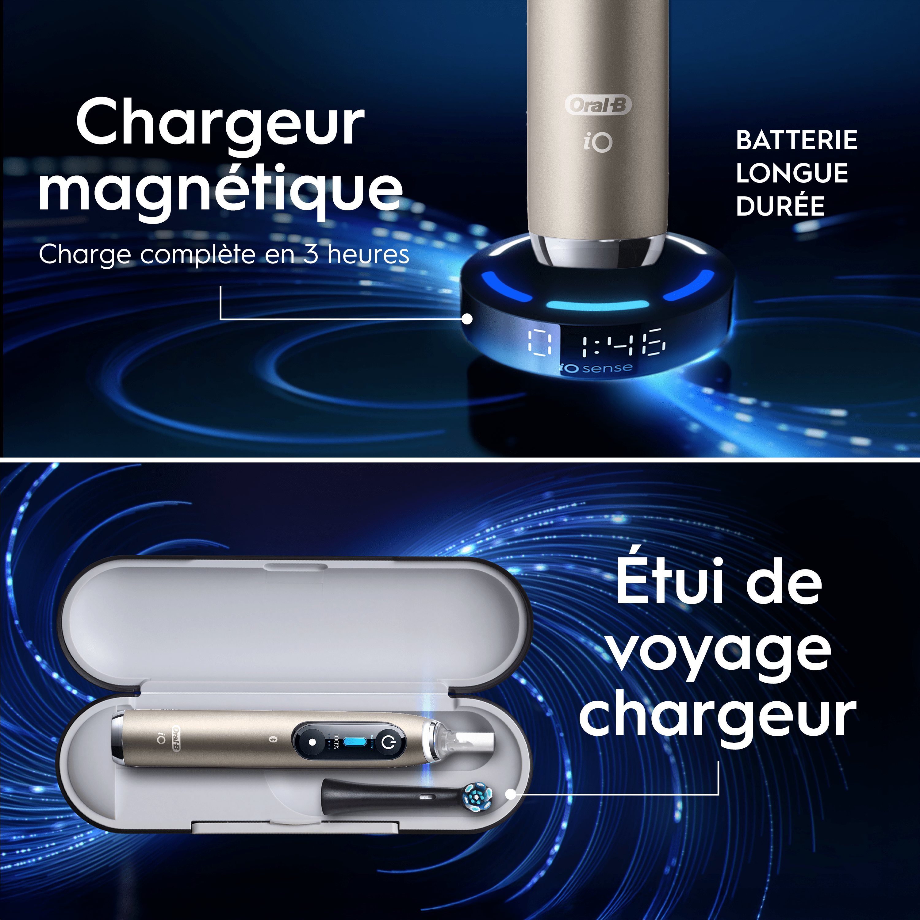 Oral-B iO10 Gold - Pack Blancheur avec : 1 brosse à dents électrique + 1 dentifrice + 6 brossettes + 1 étui de voyage