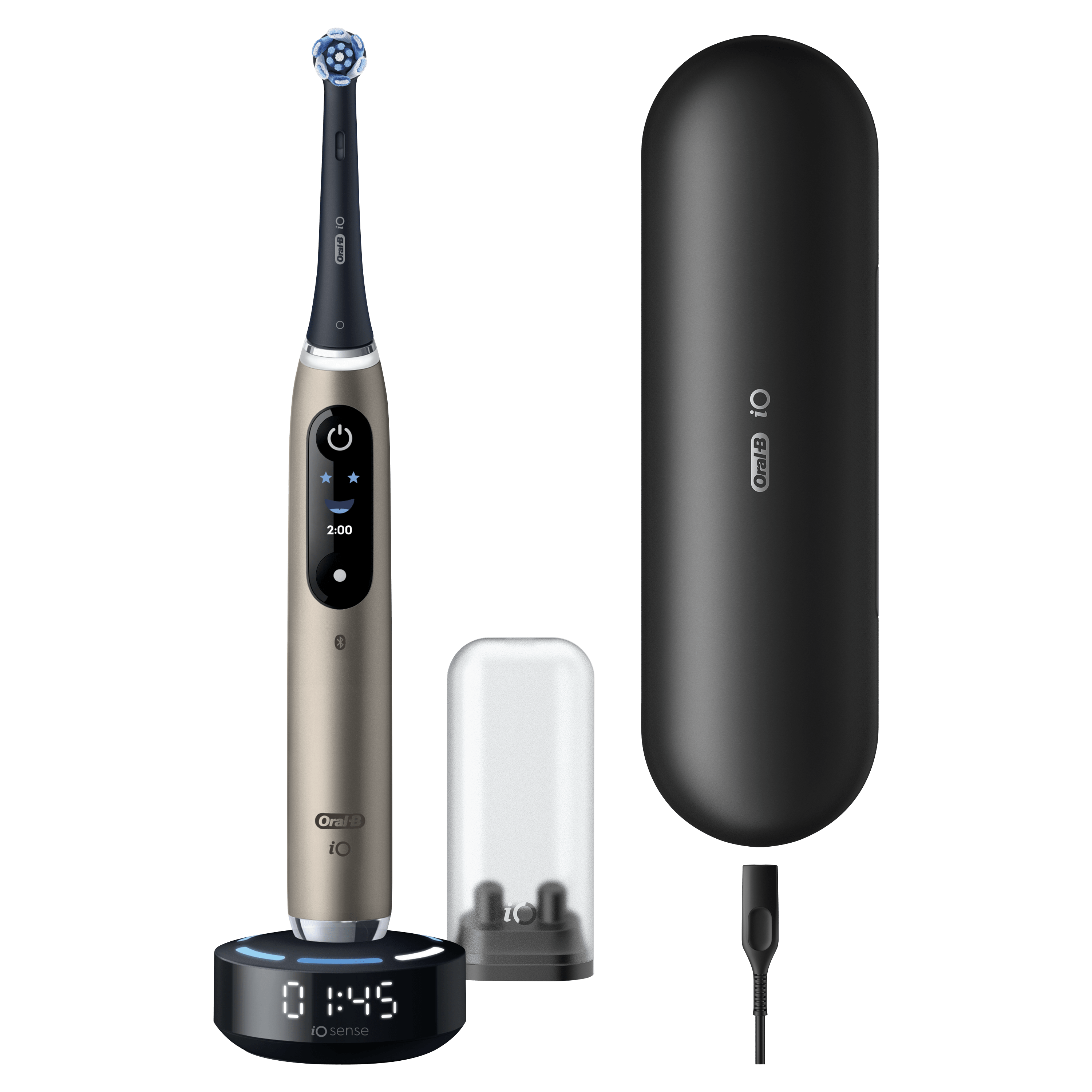 Pack Oral-B iO10 Gold - Sensibilité avec : 1 brosse à dents électrique + 2 dentifrices + 6 brossettes + 1 étui de voyage