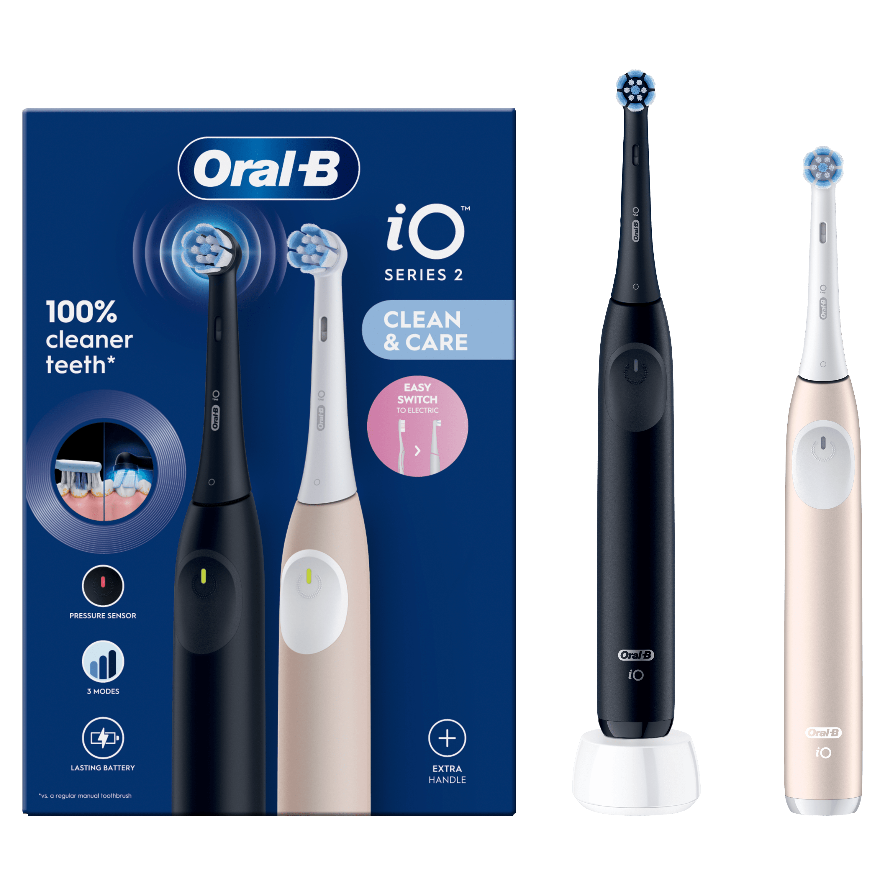 Oral-B iO2 DUO, Brosses À Dents Électriques Noire Et Rose Clair, 2 Brossettes