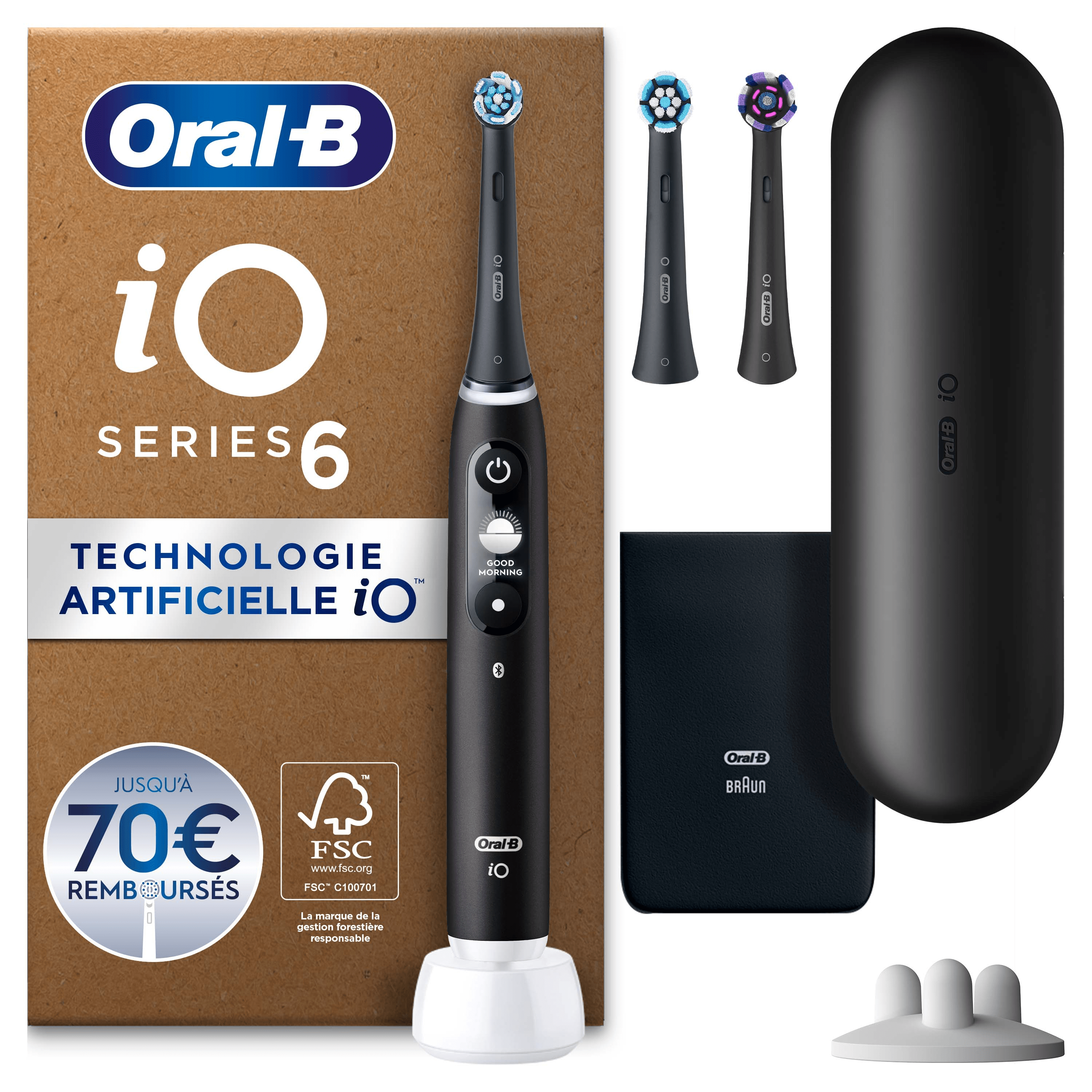 Oral-B iO 6 Brosse À Dents Électrique Noire + Brossettes iO Gentle Care Noires, Lot de 6