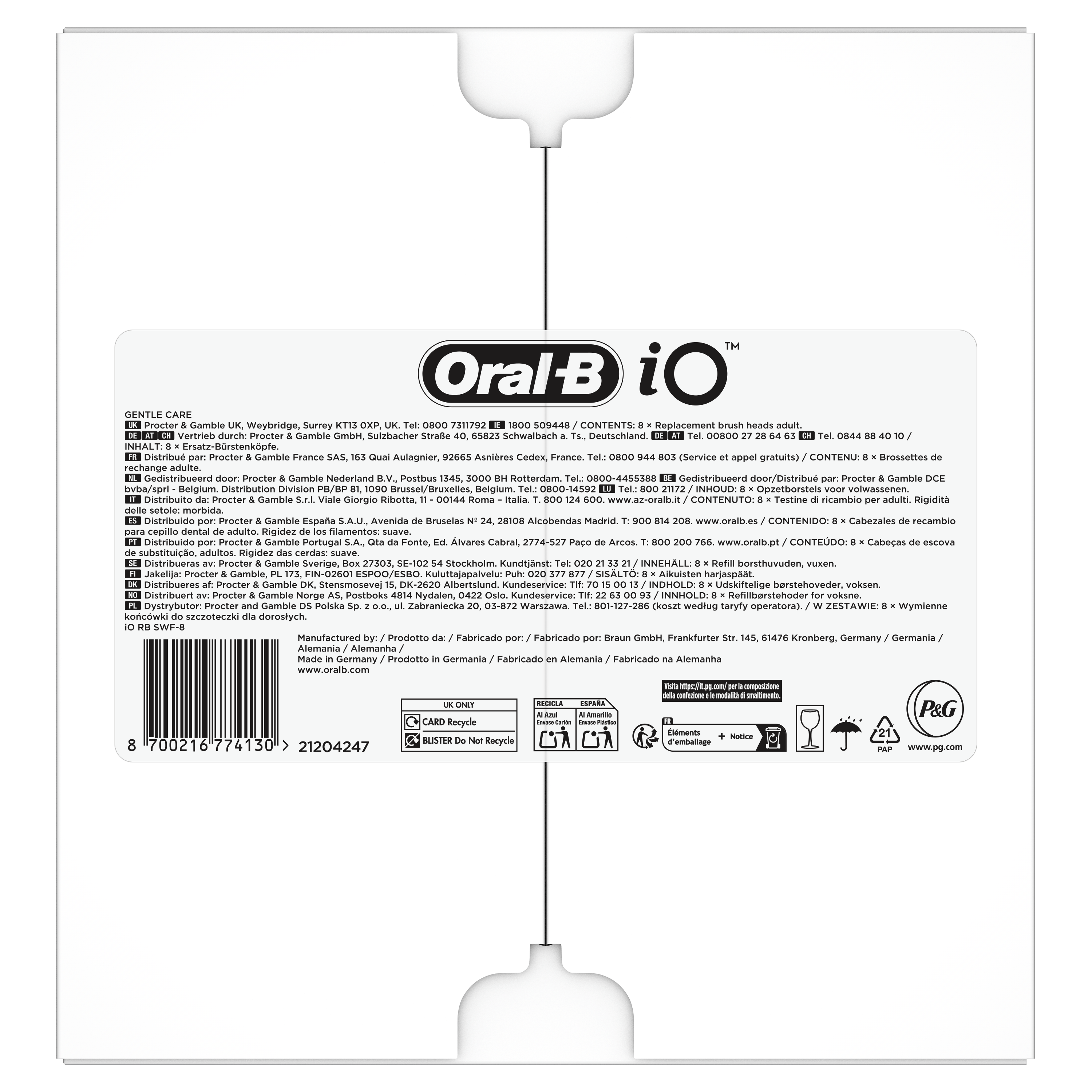 Oral-B Série iO Gentle Care, Brossettes rondes de rechange Authentiques, Brossette la plus douce, Convient aux gencives sensibles, Conçue pour les brosses à dents électriques Oral-B iO, 8