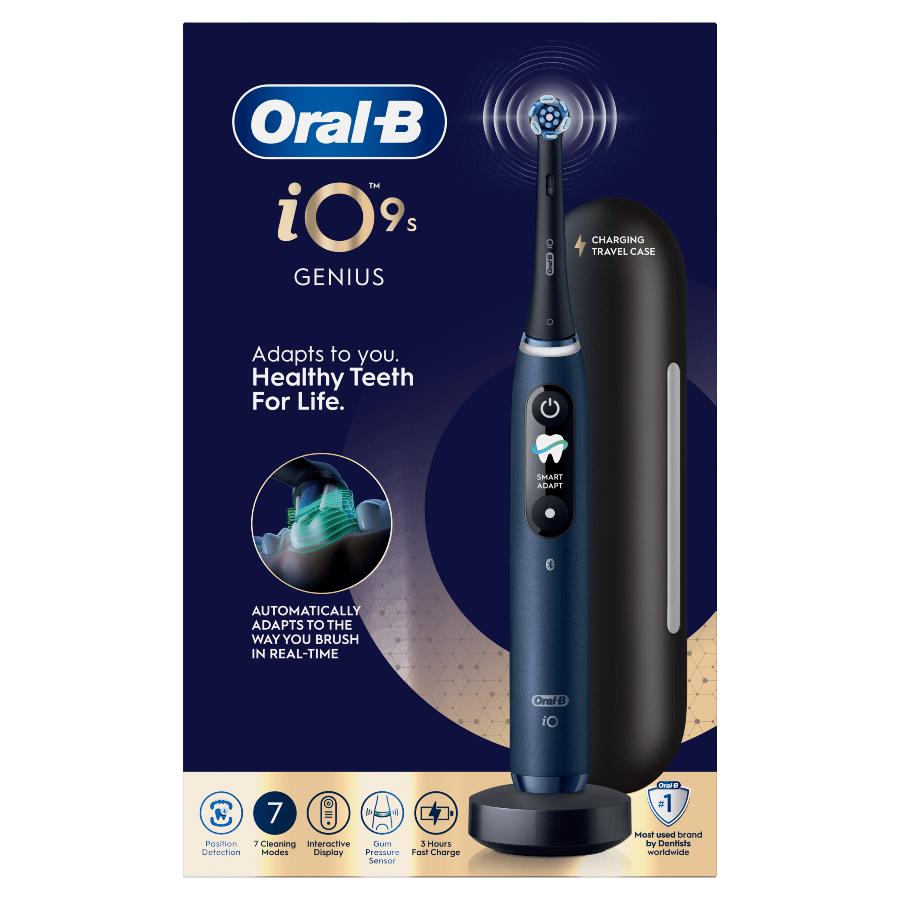 Brosse à dents électrique Oral-B iO9 | Bleu Saphir | 2 brossettes | Chargeur Magnétique Rapide | Batterie Longue Durée | Étui de Voyage de Charge | Porte-brossettes