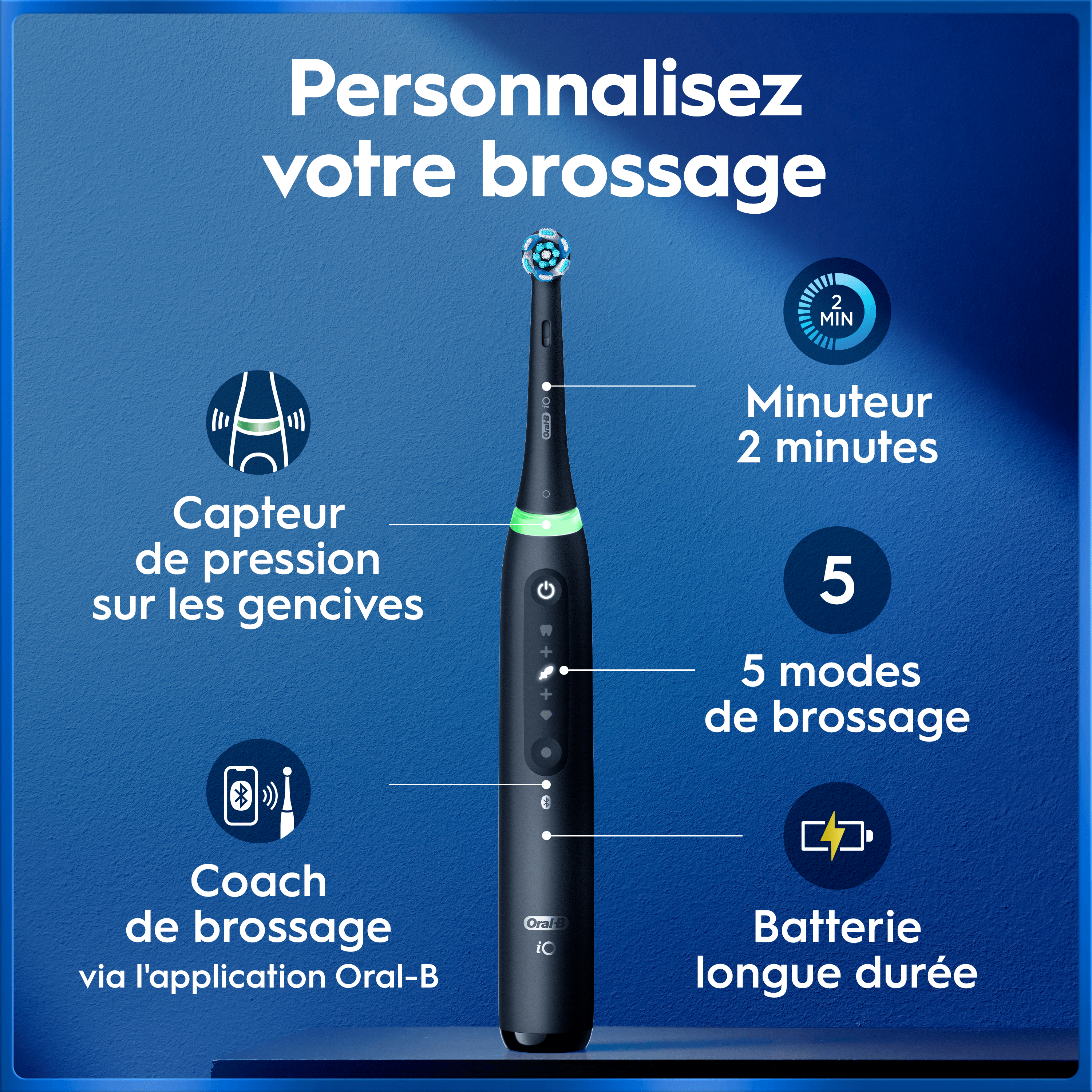 Brosse À Dents Électrique Oral-B iO5 | Noire | 3 brossettes | Batterie Longue Durée | Étui De Voyage Premium | Pochette pour Chargeur | Porte-brossettes