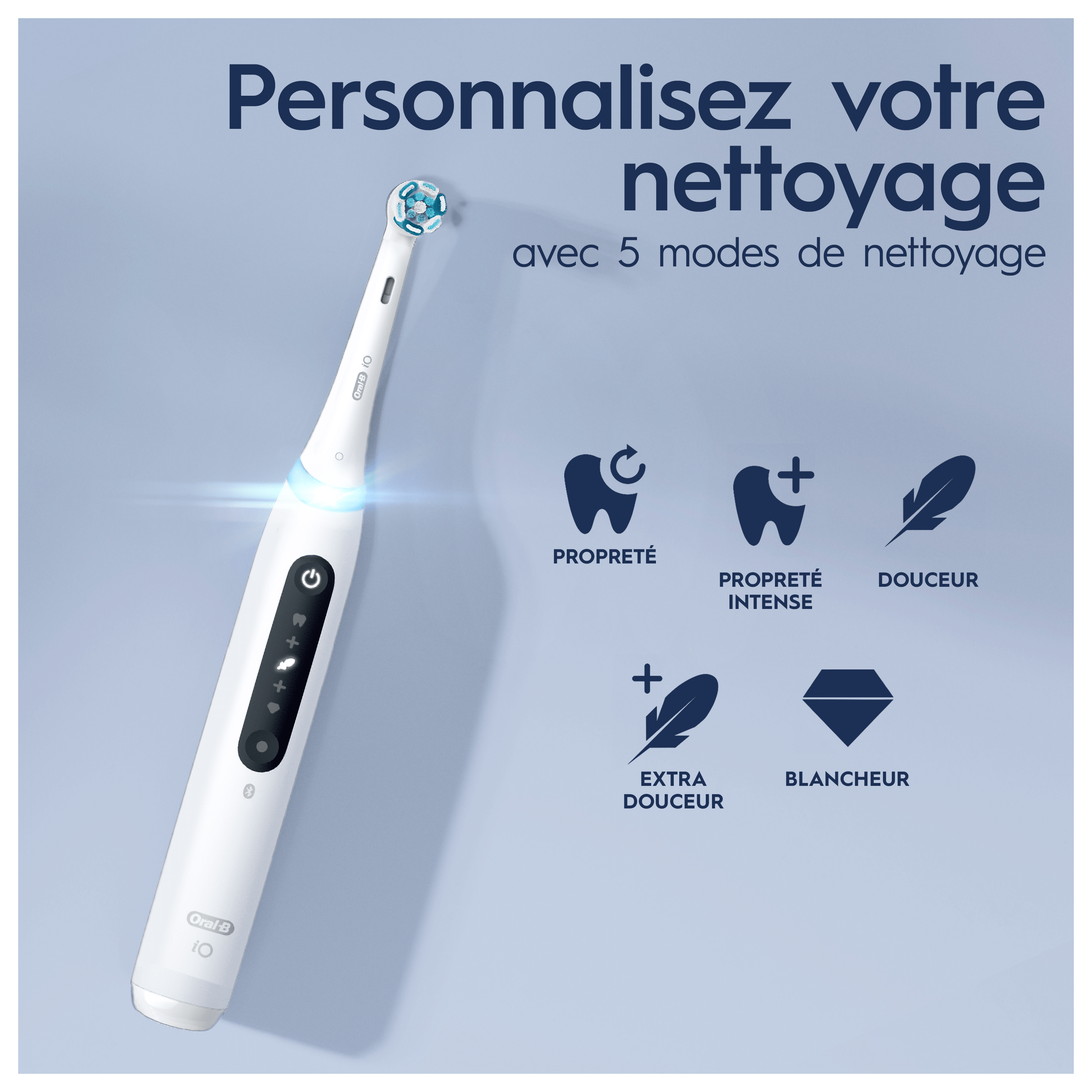 Pack Oral-B iO5 Blanche - Routine Complète avec : 1 brosse à dents électrique + 2 dentifrices + 4 brossettes + 1 fil dentaire + 1 étui de voyage