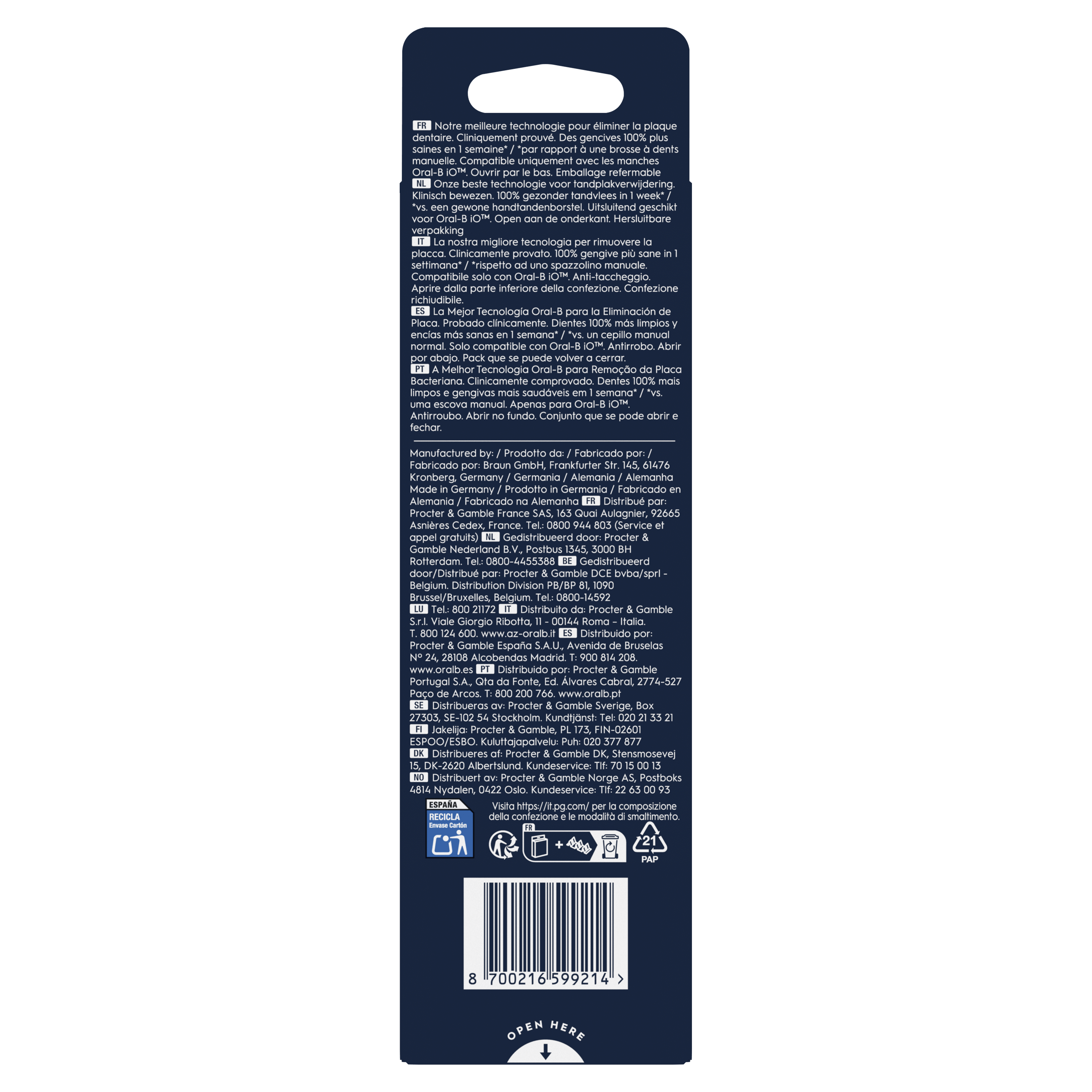 Pack Oral-B iO10 Gold - Blancheur avec : 1 brosse à dents électrique + 1 dentifrice + 6 brossettes + 1 étui de voyage