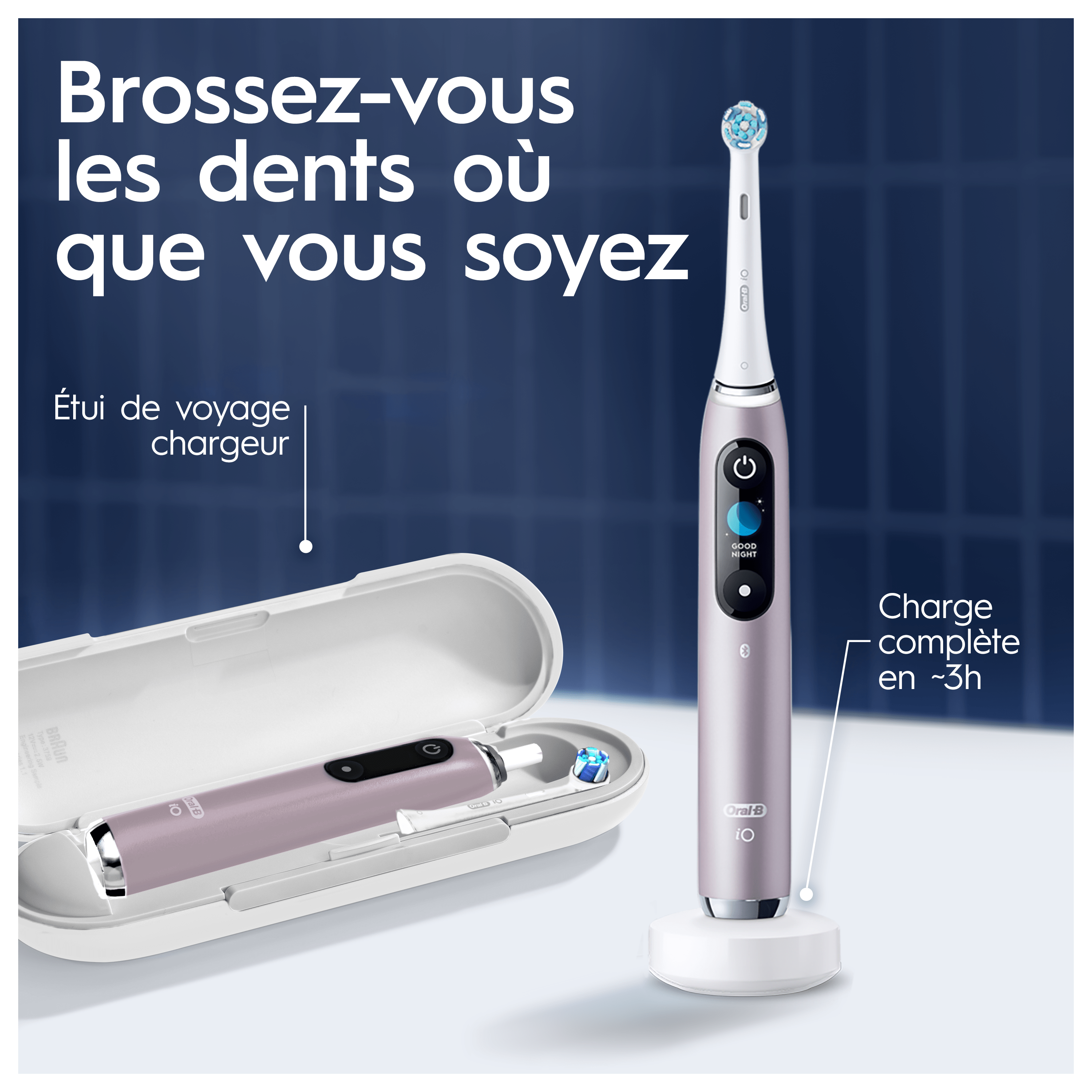 Pack Oral-B iO9 Rose - Sensibilité avec : 1 brosse à dents électrique + 2 dentifrices + 6 brossettes + 1 étui de voyage